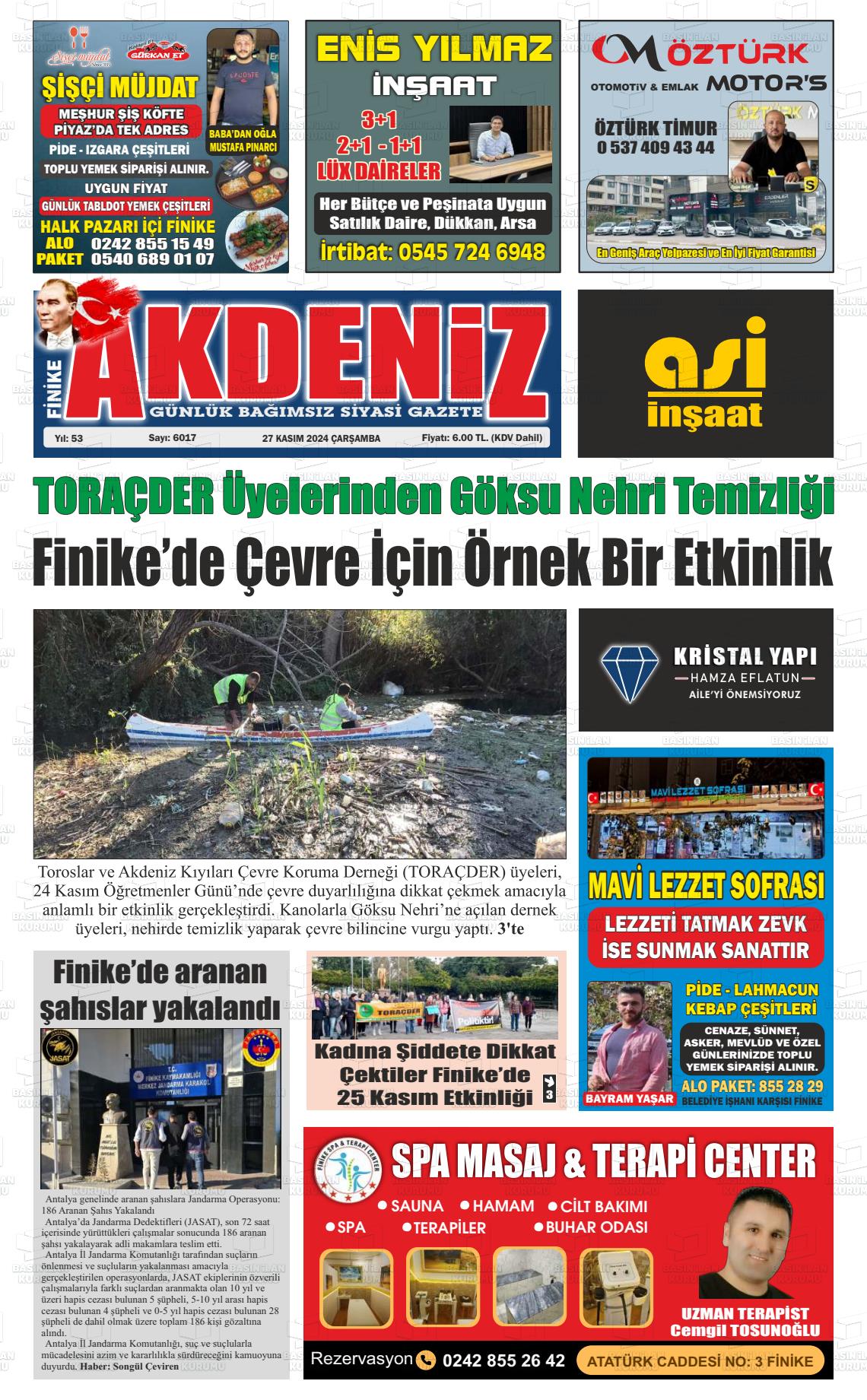 27 Kasım 2024 Finike Akdeniz Gazete Manşeti