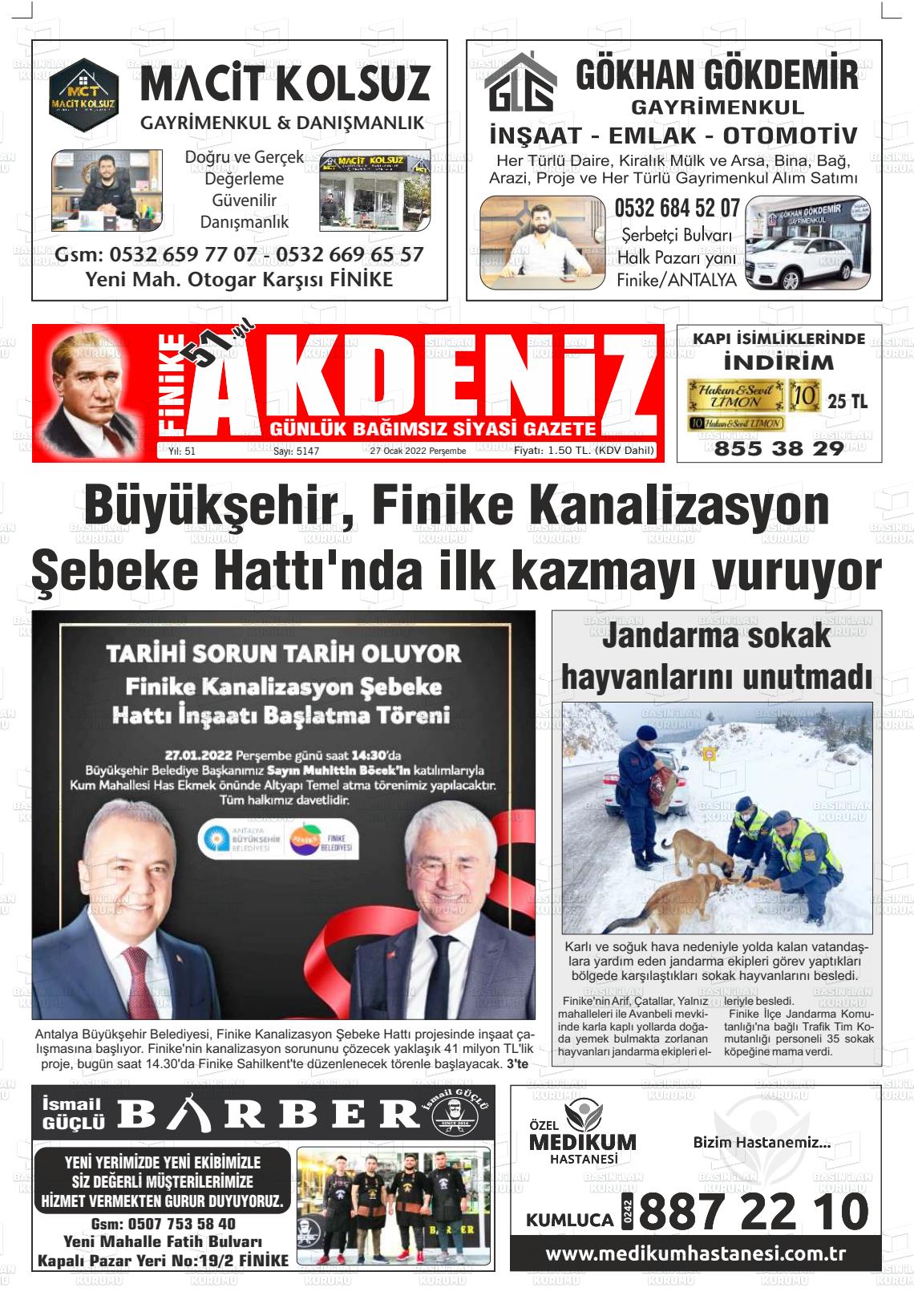 27 Ocak 2022 Finike Akdeniz Gazete Manşeti