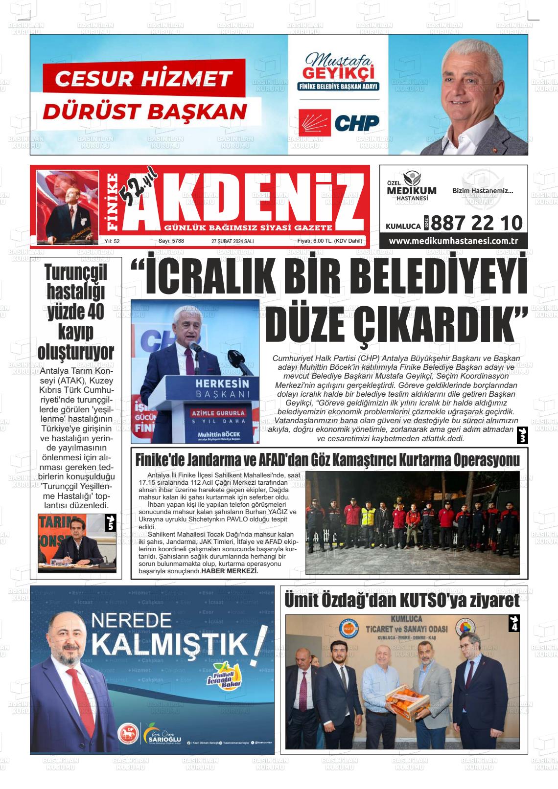 27 Şubat 2024 Finike Akdeniz Gazete Manşeti