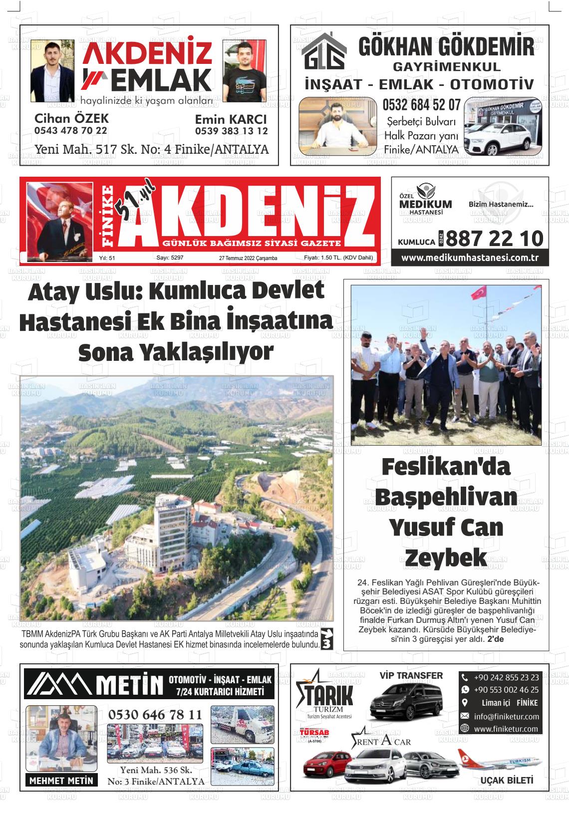 27 Temmuz 2022 Finike Akdeniz Gazete Manşeti