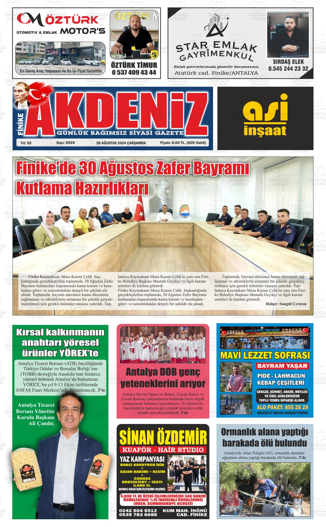 28 Ağustos 2024 Finike Akdeniz Gazete Manşeti