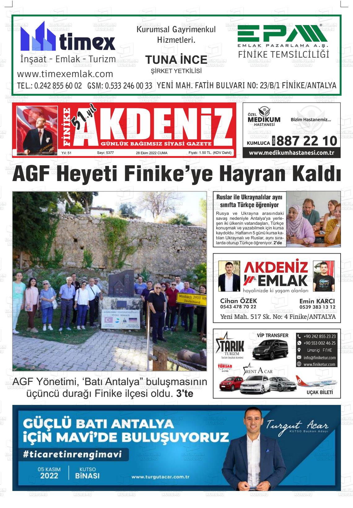 28 Ekim 2022 Finike Akdeniz Gazete Manşeti