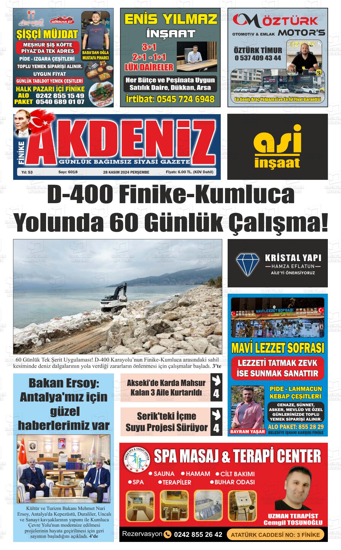 02 Aralık 2024 Finike Akdeniz Gazete Manşeti