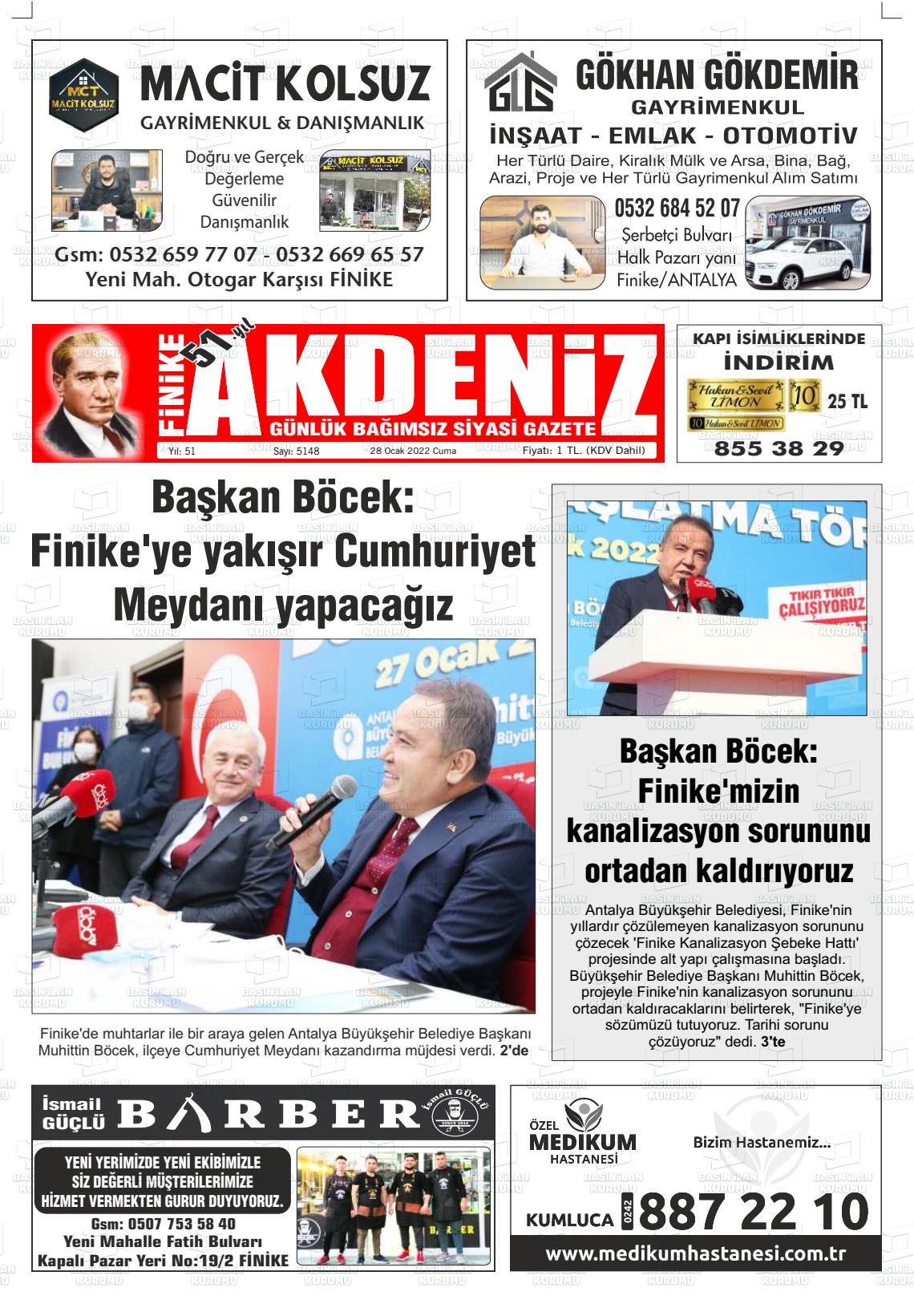 28 Ocak 2022 Finike Akdeniz Gazete Manşeti