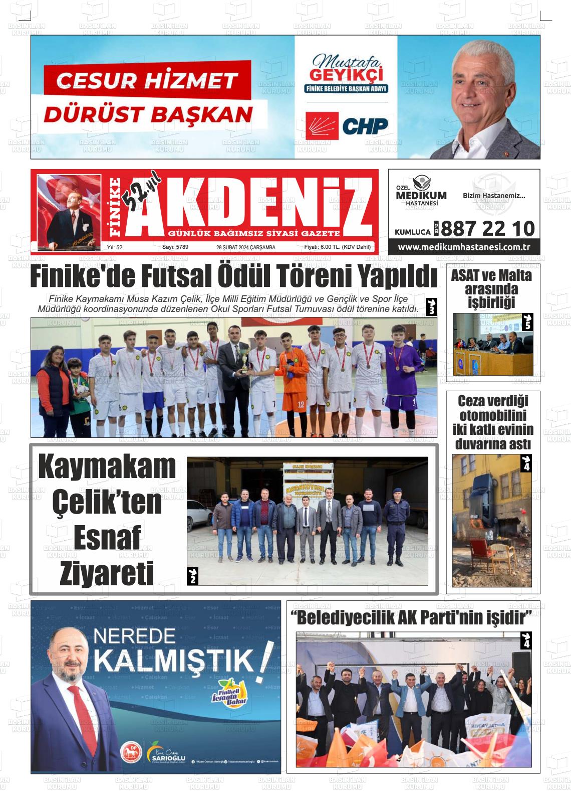 28 Şubat 2024 Finike Akdeniz Gazete Manşeti