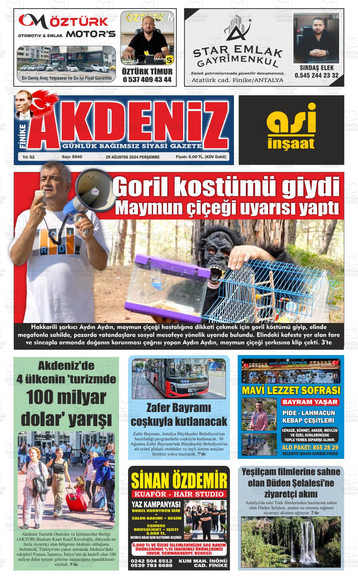 29 Ağustos 2024 Finike Akdeniz Gazete Manşeti