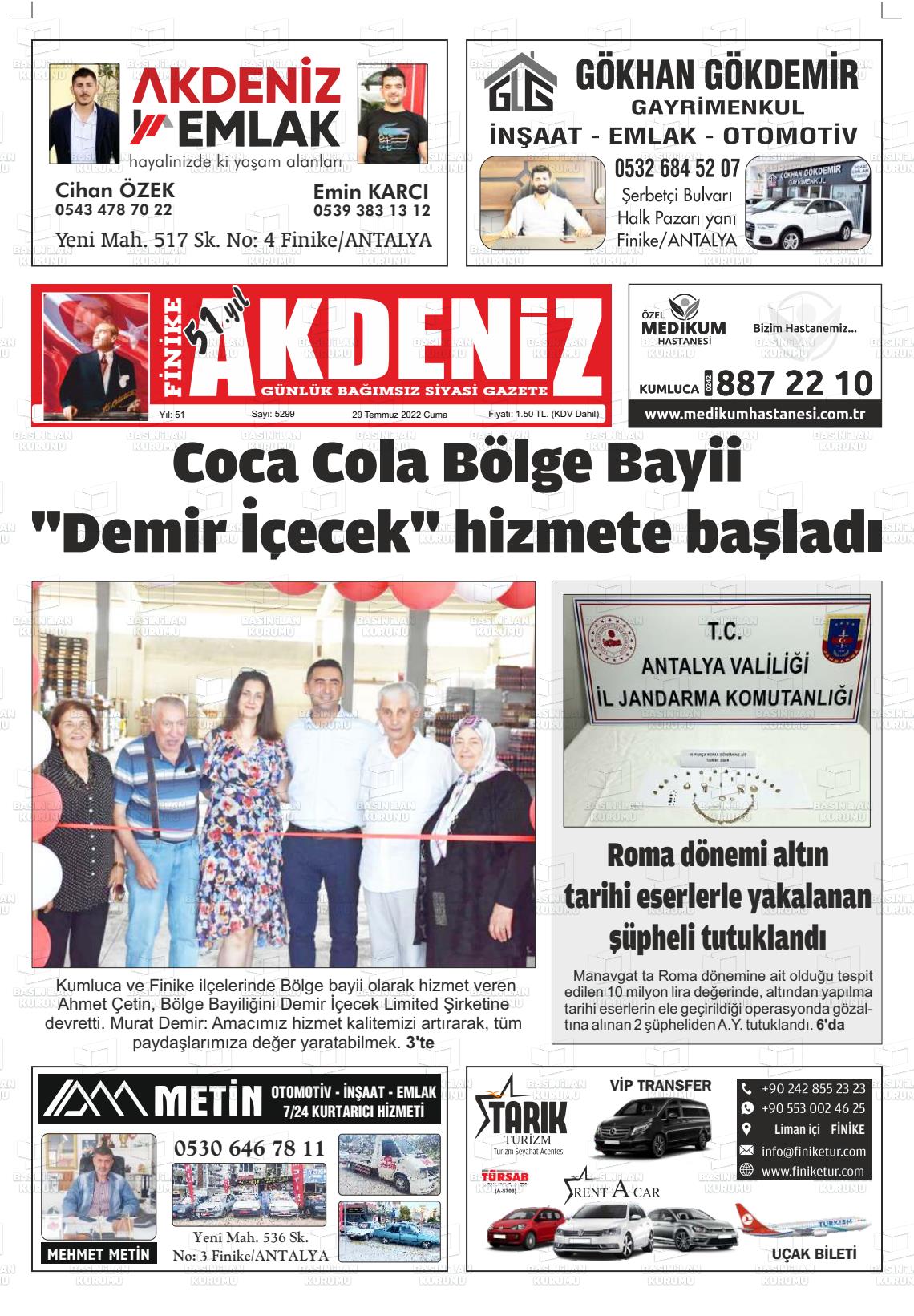 29 Temmuz 2022 Finike Akdeniz Gazete Manşeti