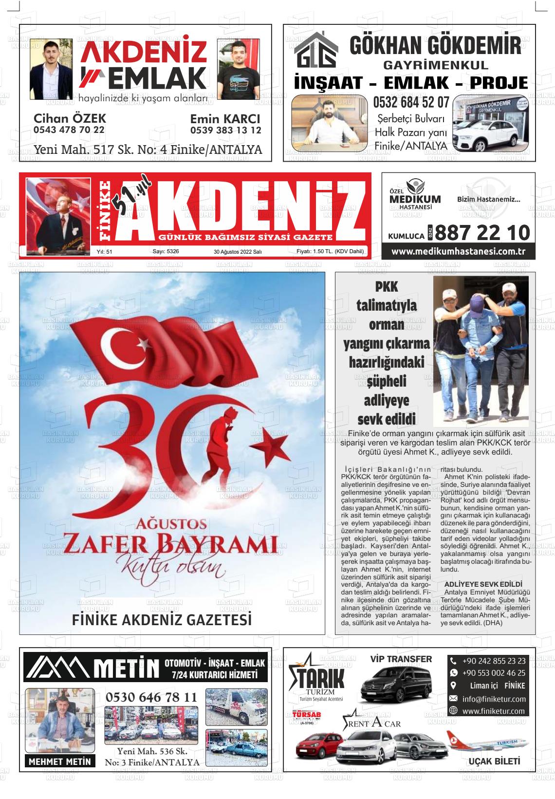 30 Ağustos 2022 Finike Akdeniz Gazete Manşeti