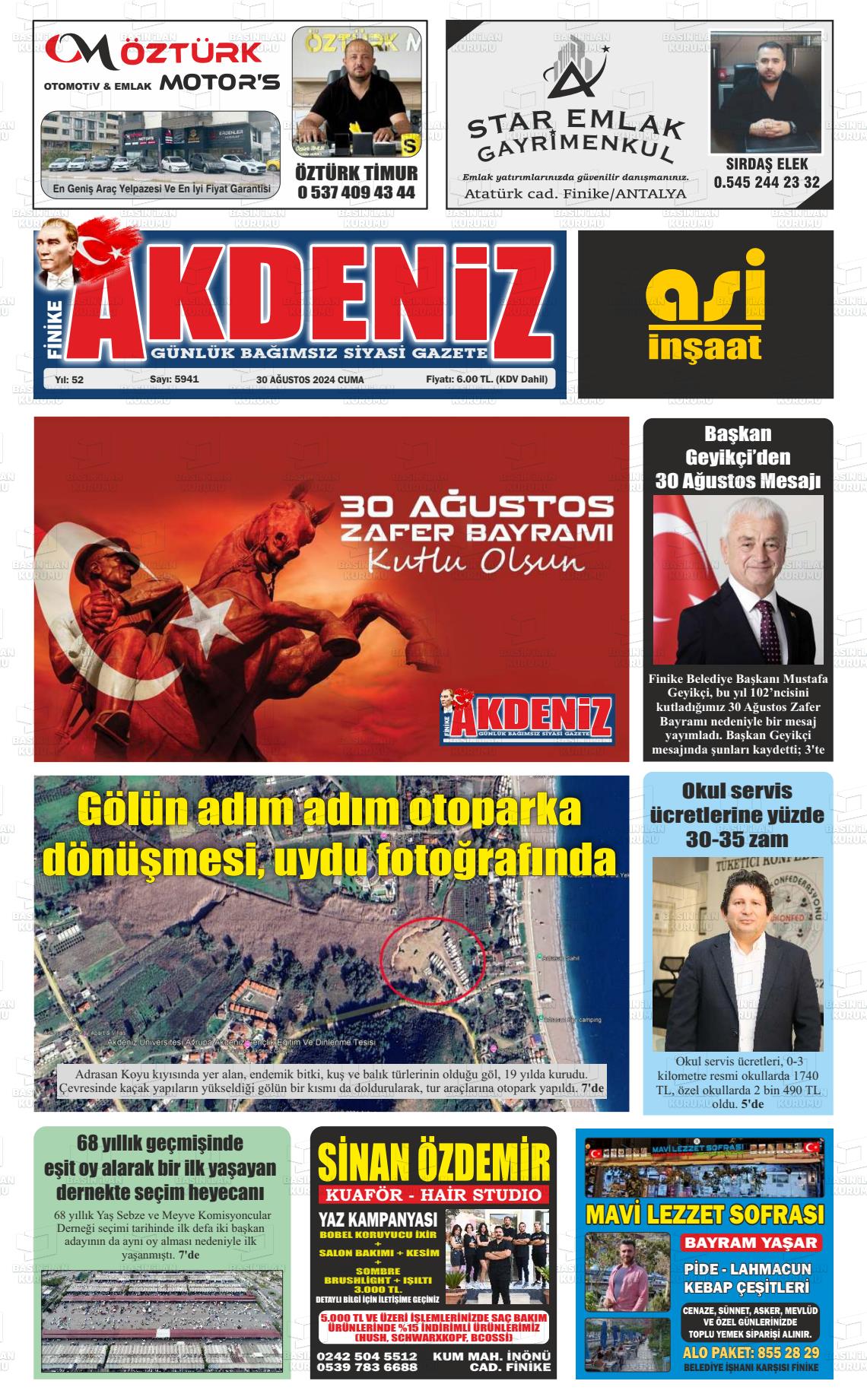 30 Ağustos 2024 Finike Akdeniz Gazete Manşeti