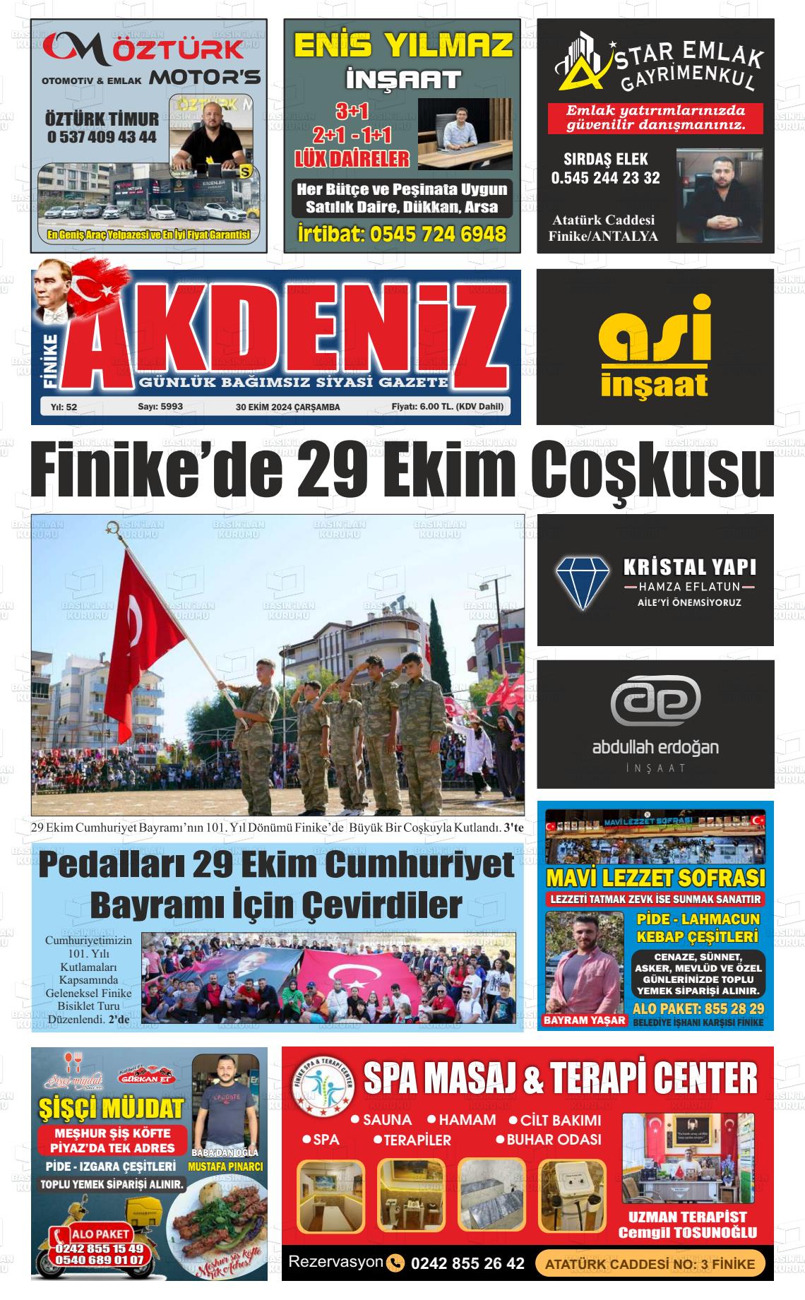 30 Ekim 2024 Finike Akdeniz Gazete Manşeti