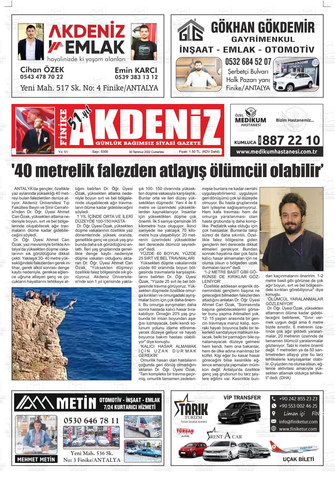 30 Temmuz 2022 Finike Akdeniz Gazete Manşeti