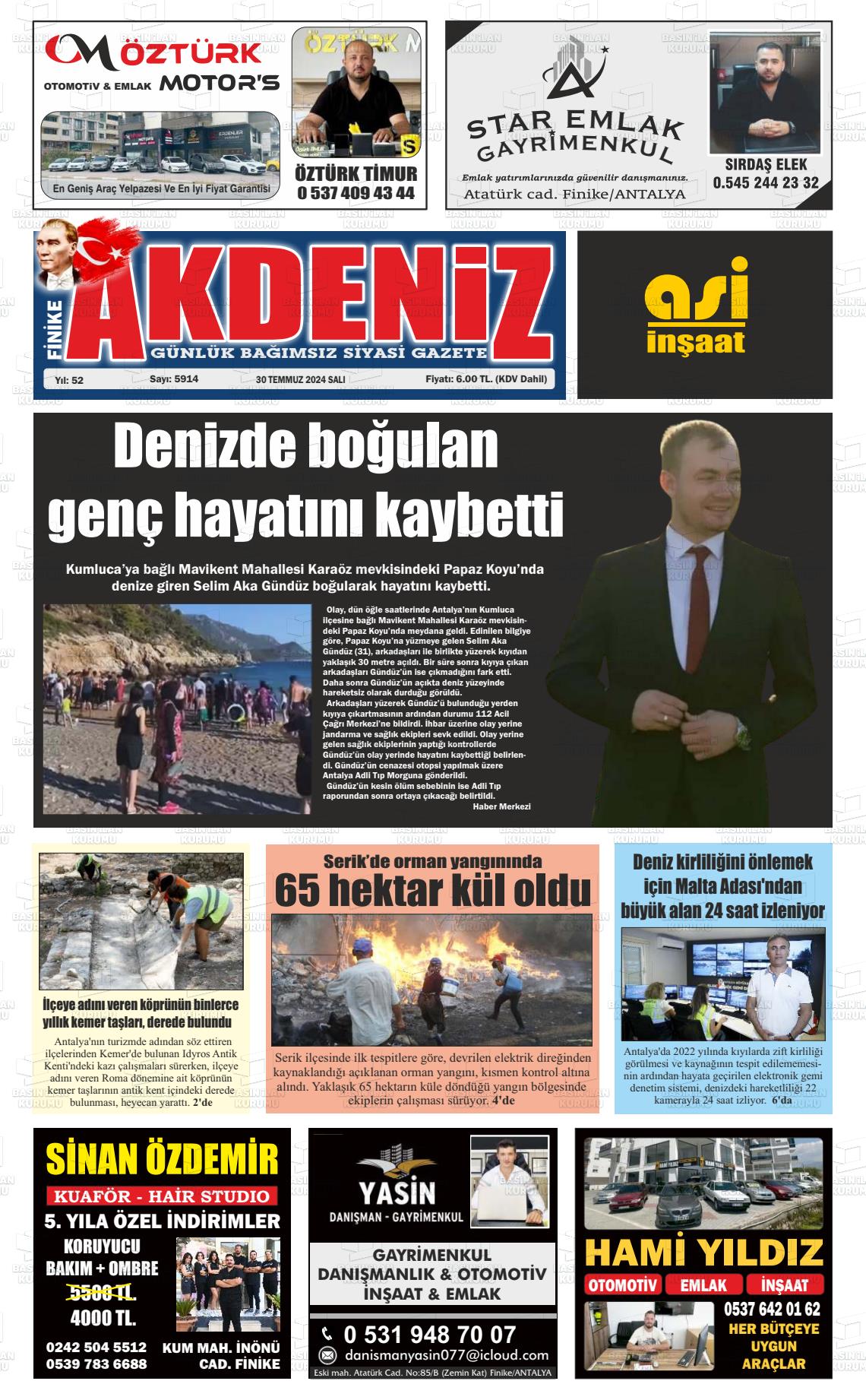 30 Temmuz 2024 Finike Akdeniz Gazete Manşeti