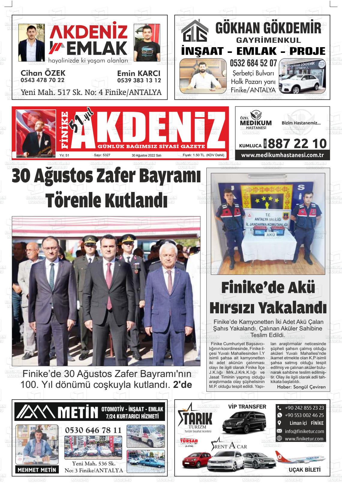 31 Ağustos 2022 Finike Akdeniz Gazete Manşeti