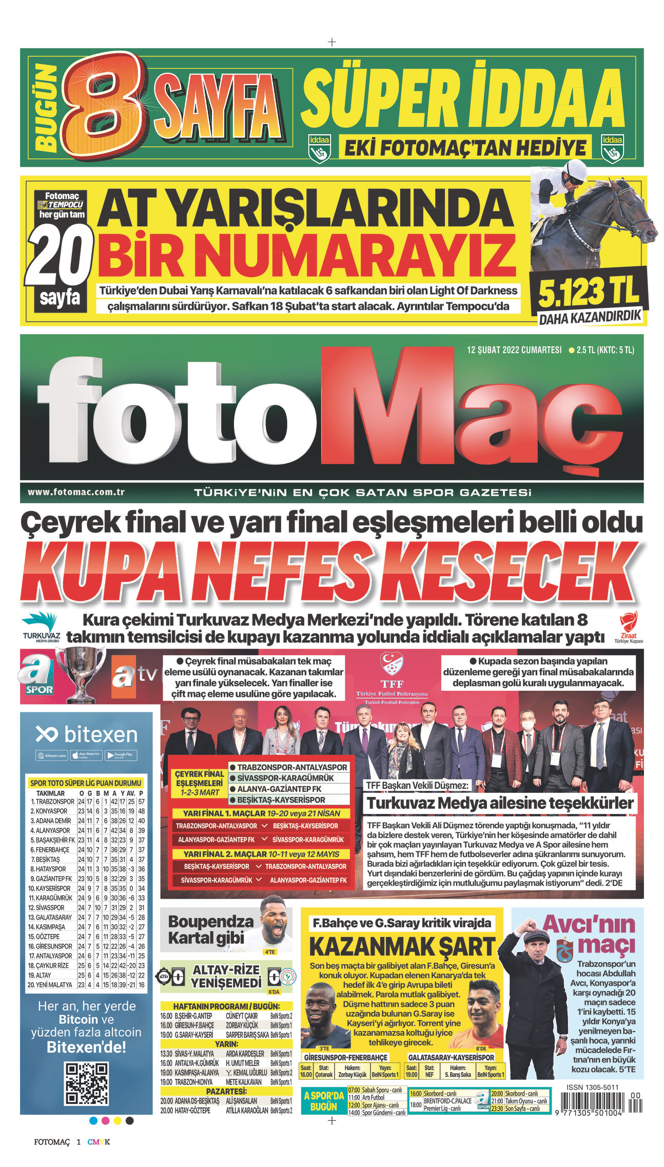 12 Şubat 2022 Fotomaç Gazete Manşeti