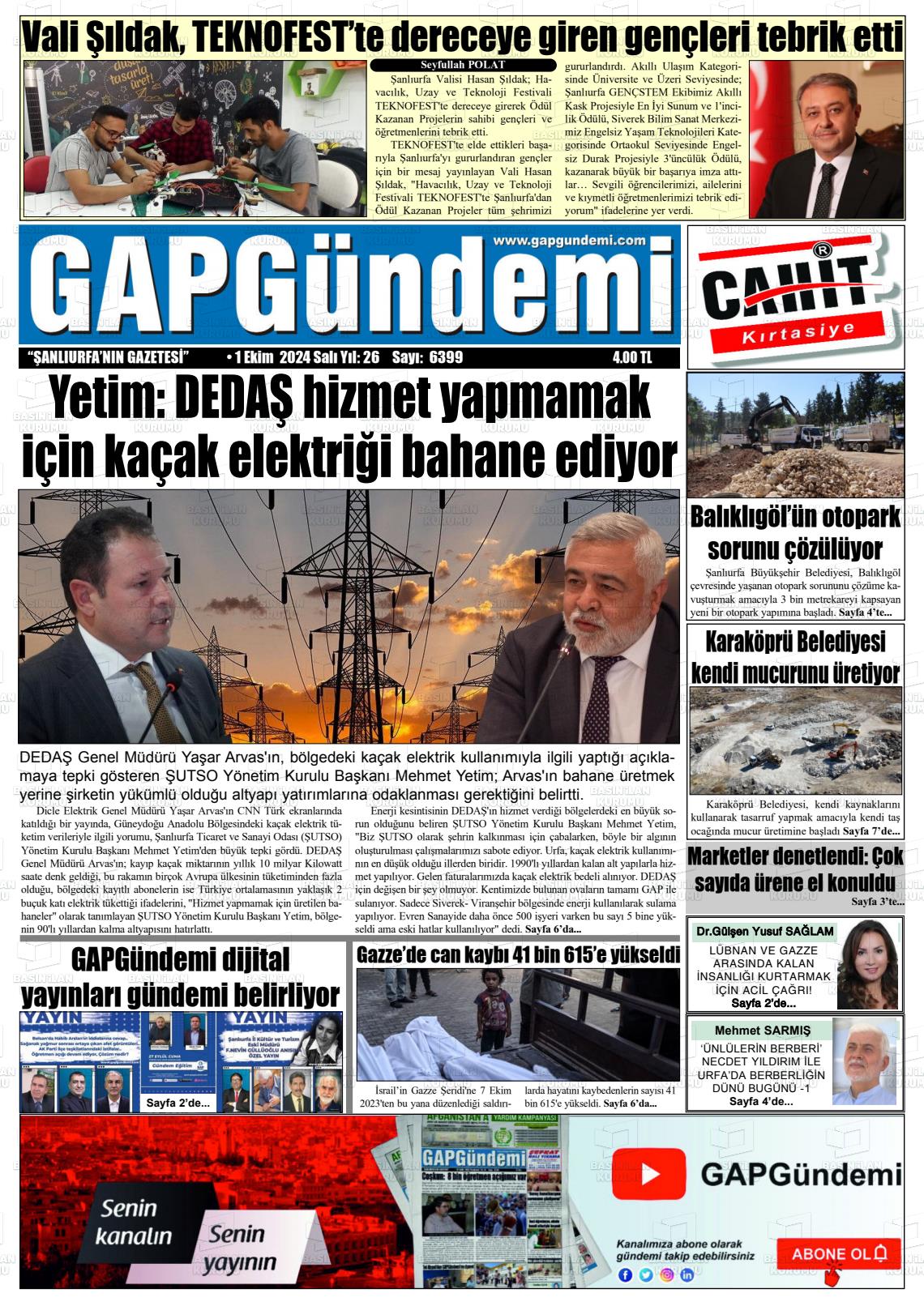 01 Ekim 2024 Gap Gündemi Gazete Manşeti