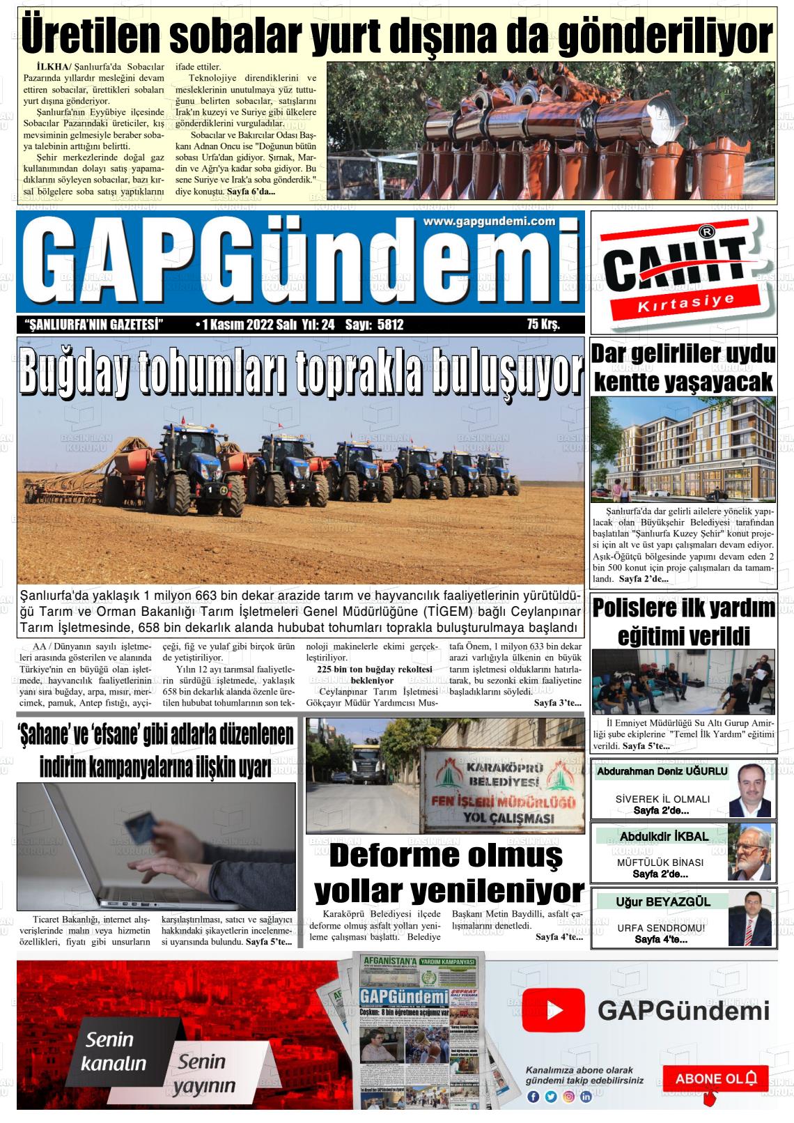 01 Kasım 2022 Gap Gündemi Gazete Manşeti