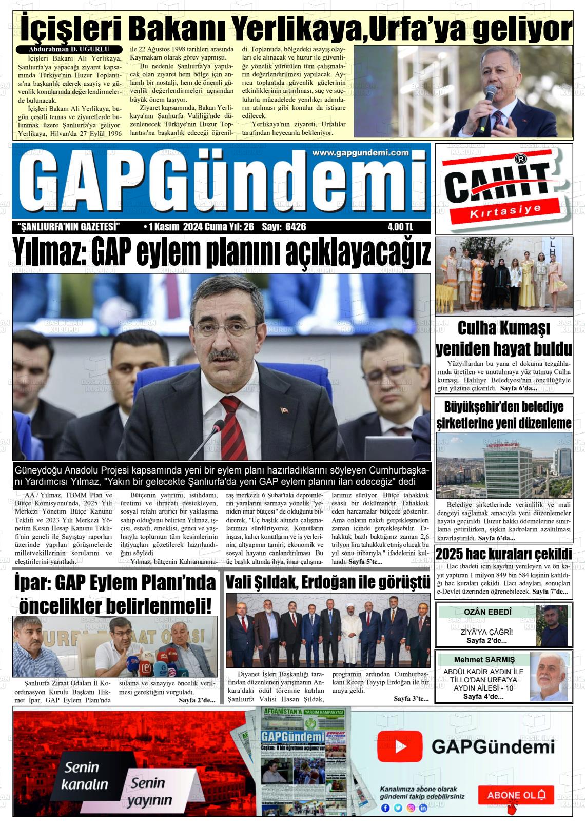 01 Kasım 2024 Gap Gündemi Gazete Manşeti