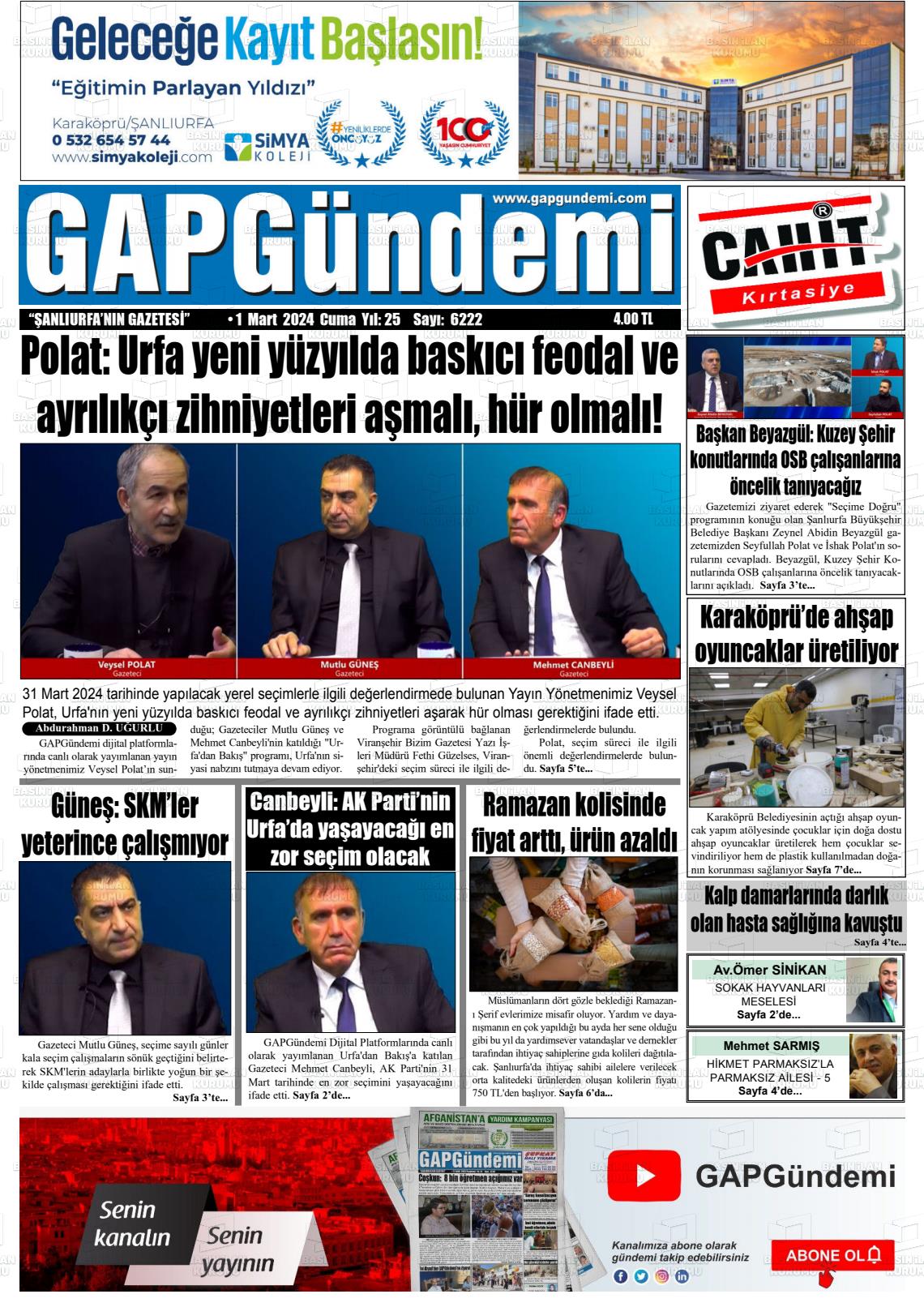 01 Mart 2024 Gap Gündemi Gazete Manşeti