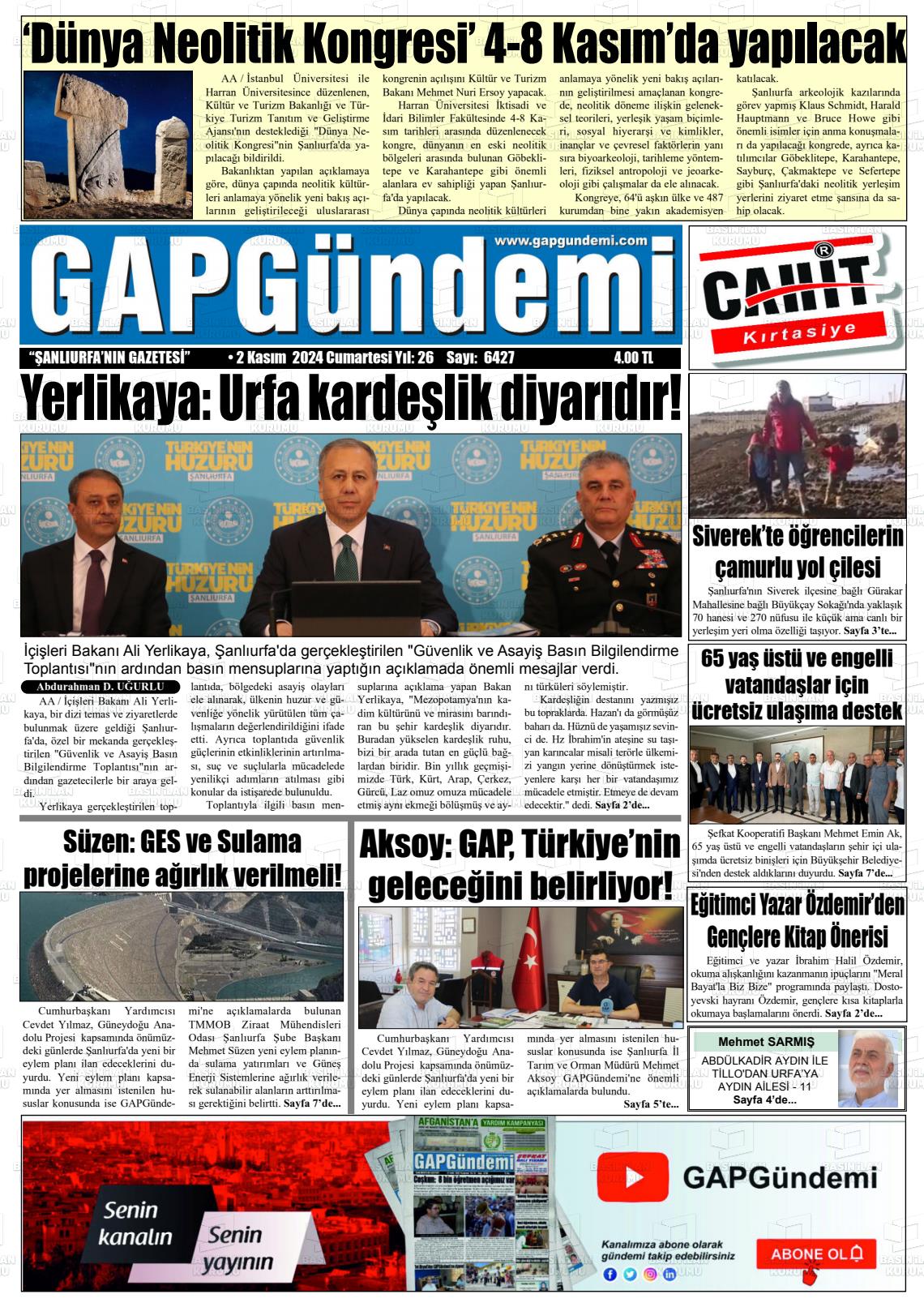 02 Kasım 2024 Gap Gündemi Gazete Manşeti