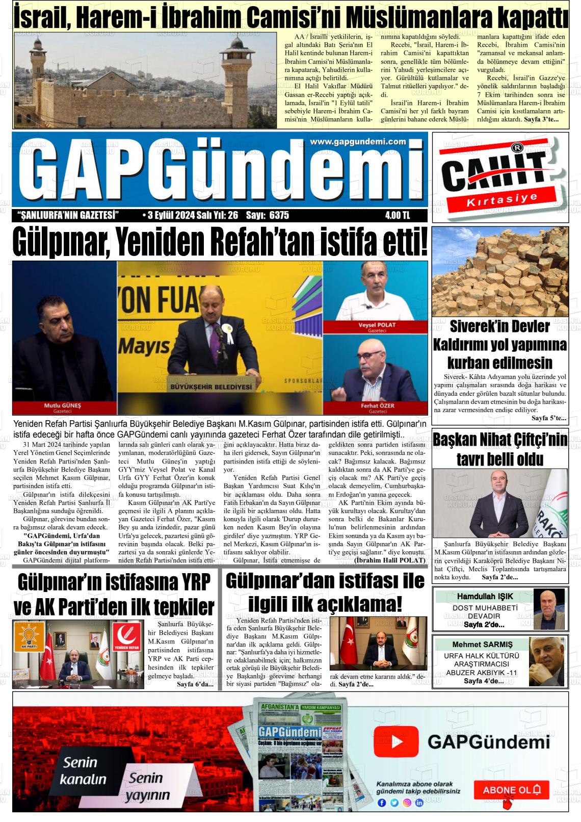 03 Eylül 2024 Gap Gündemi Gazete Manşeti