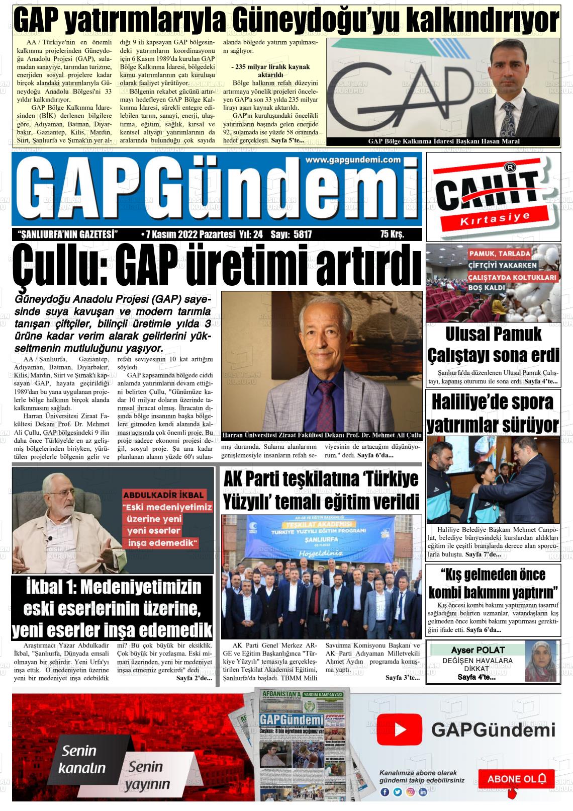 07 Kasım 2022 Gap Gündemi Gazete Manşeti