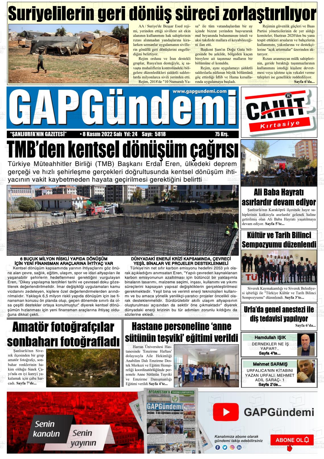 08 Kasım 2022 Gap Gündemi Gazete Manşeti