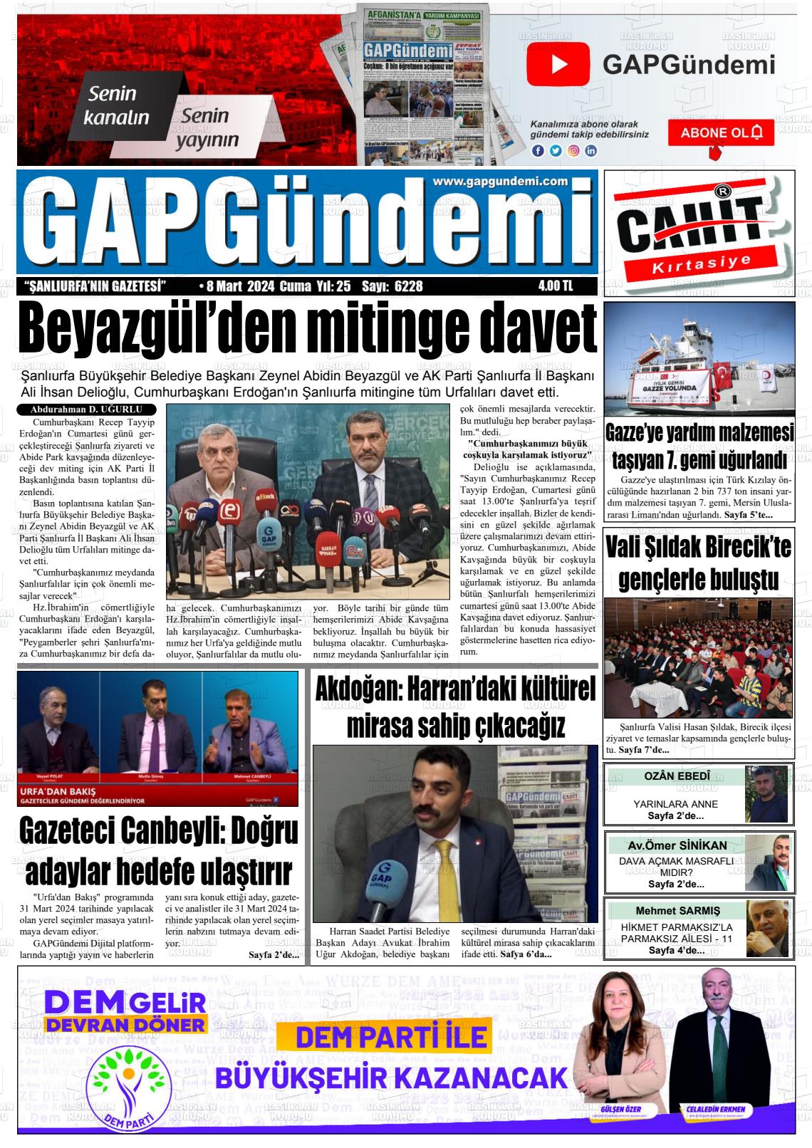 08 Mart 2024 Gap Gündemi Gazete Manşeti