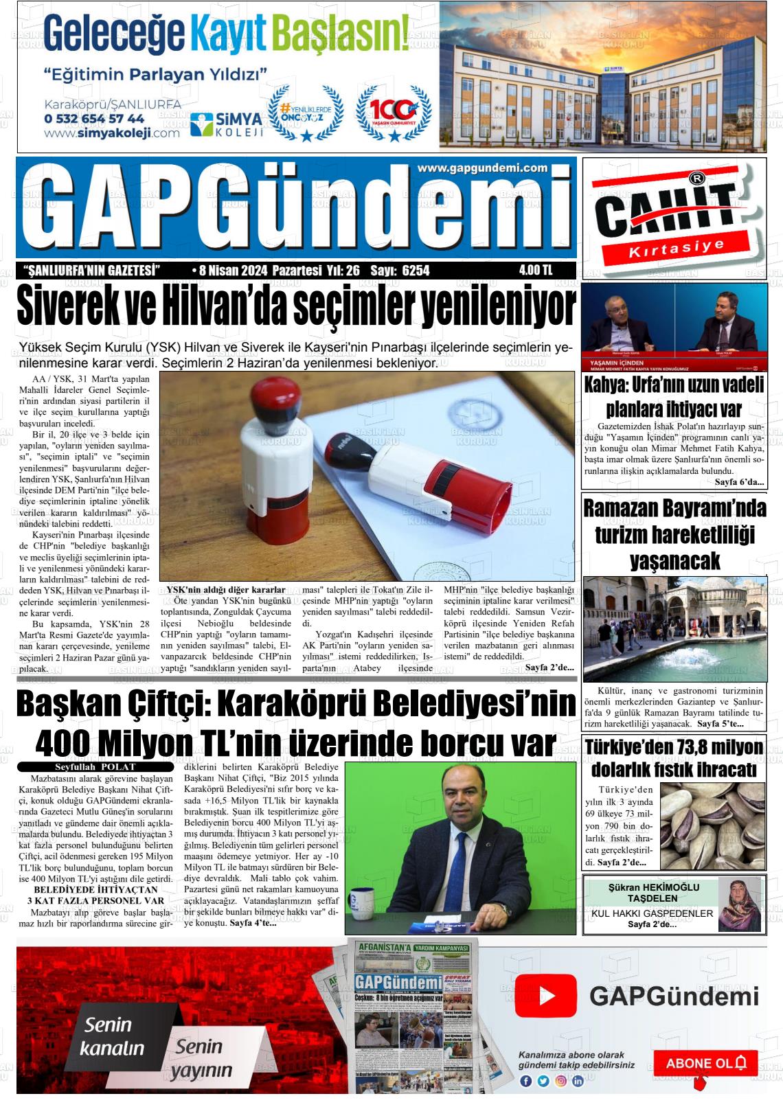 08 Nisan 2024 Gap Gündemi Gazete Manşeti