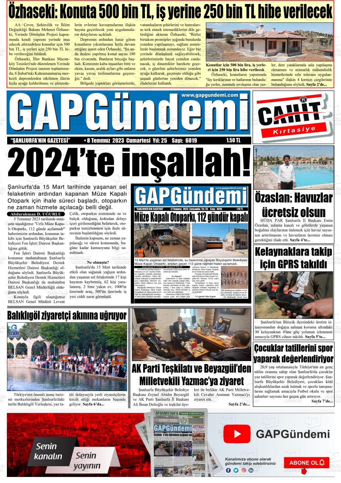 08 Temmuz 2023 Gap Gündemi Gazete Manşeti