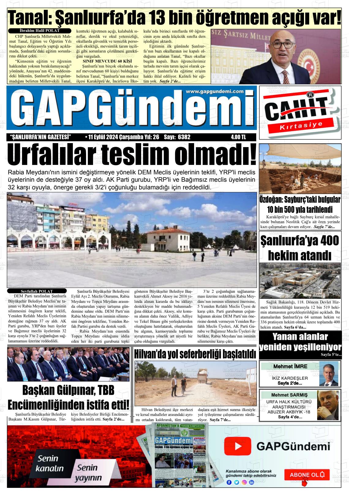 11 Eylül 2024 Gap Gündemi Gazete Manşeti