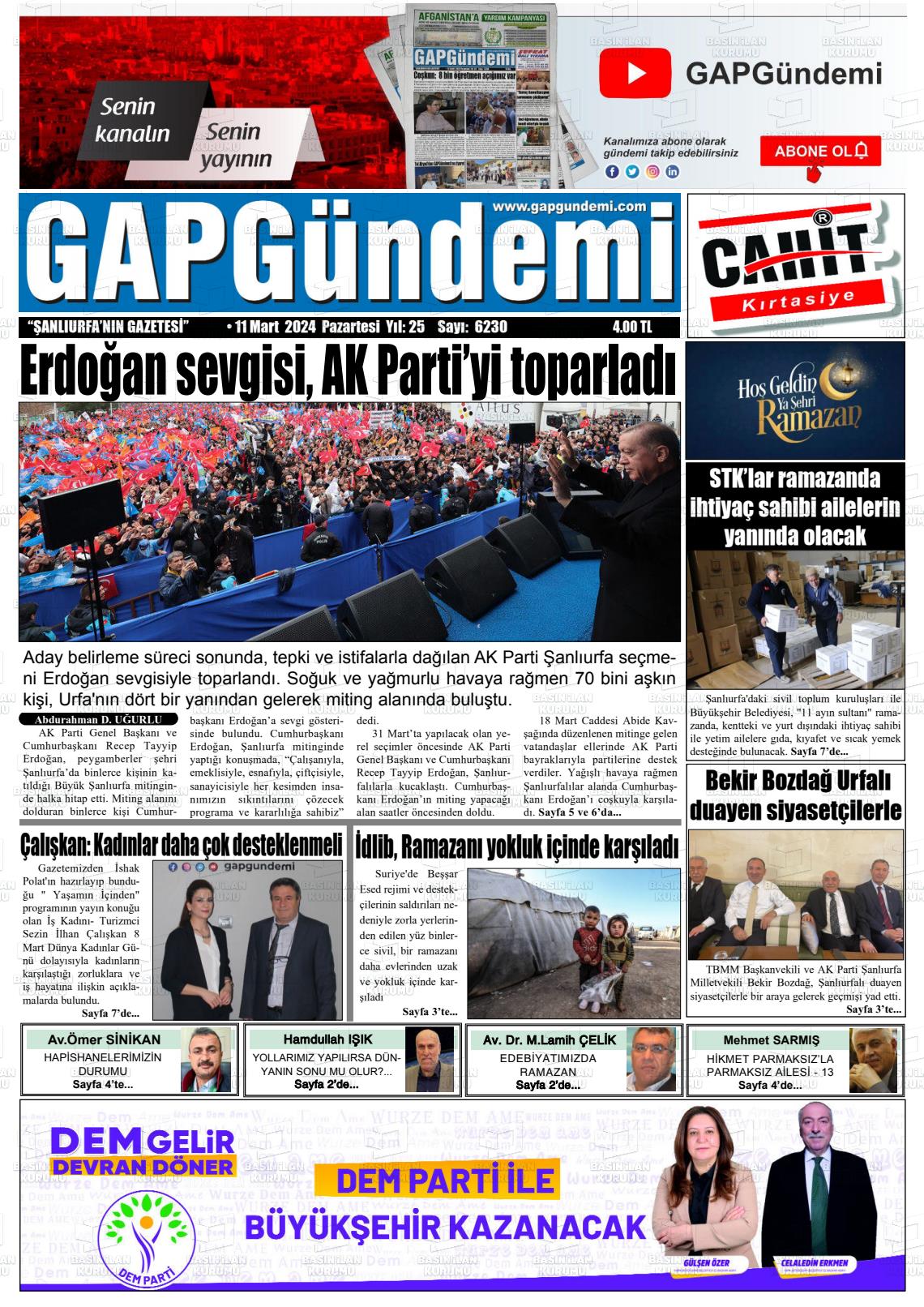 11 Mart 2024 Gap Gündemi Gazete Manşeti