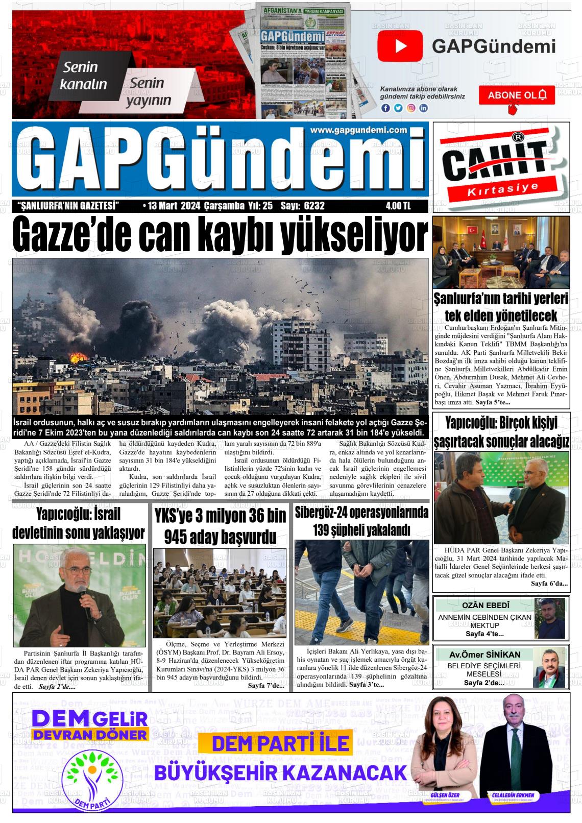 13 Mart 2024 Gap Gündemi Gazete Manşeti