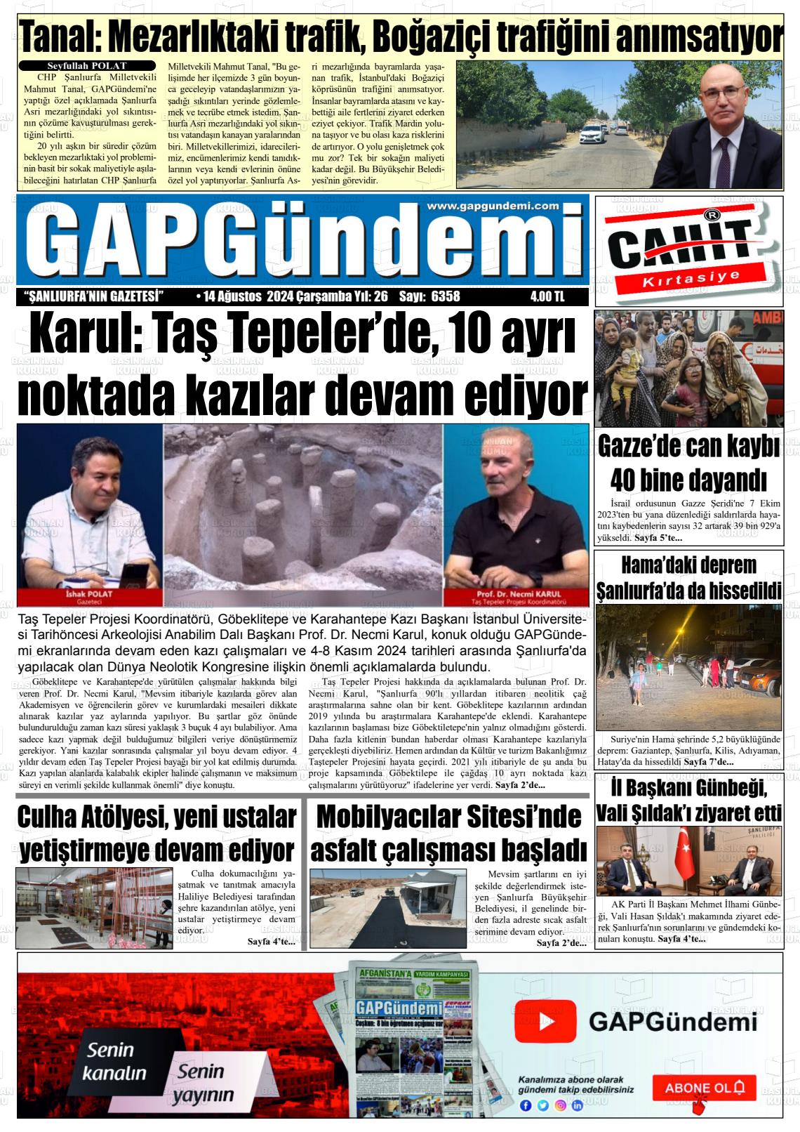 14 Ağustos 2024 Gap Gündemi Gazete Manşeti