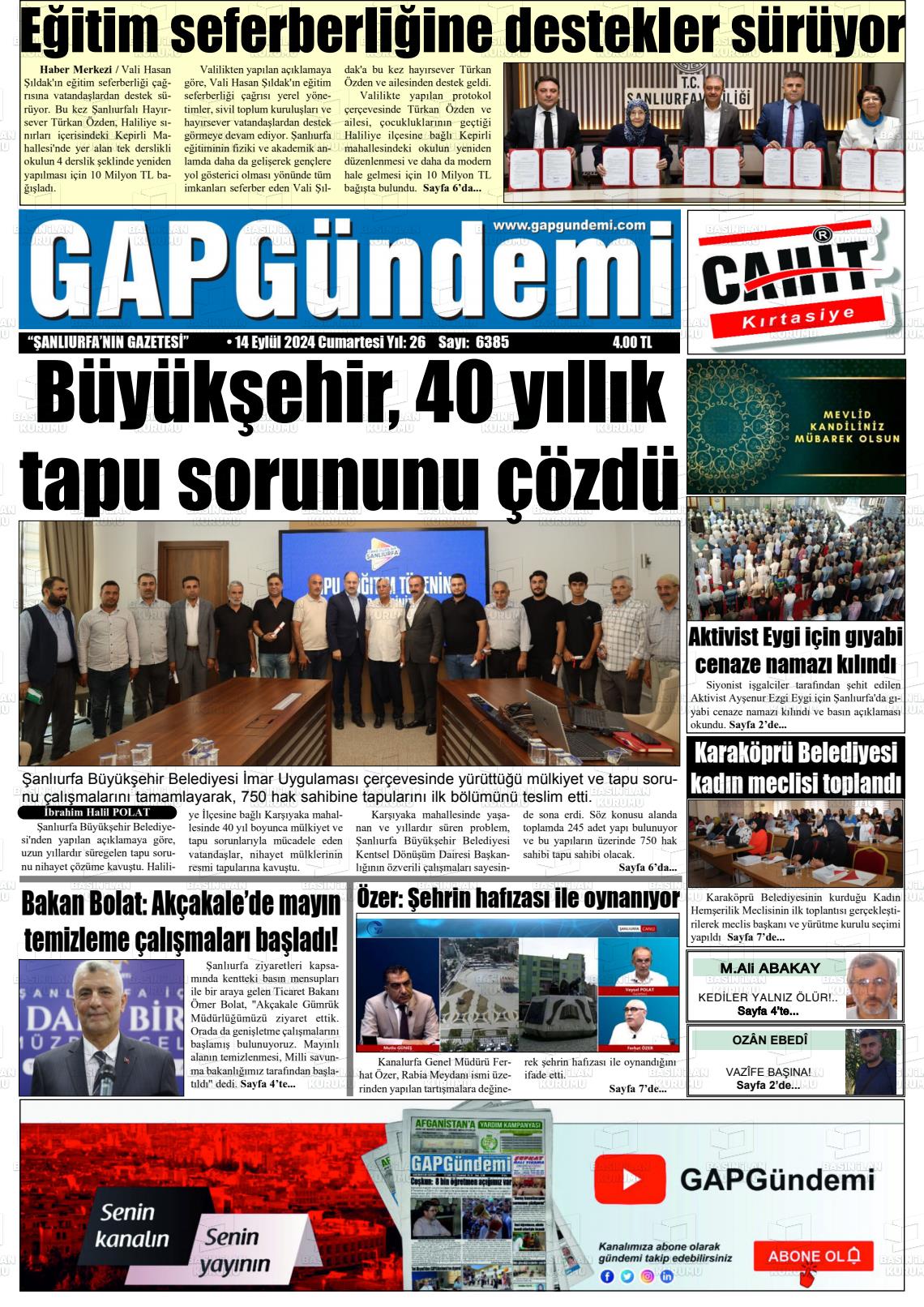 14 Eylül 2024 Gap Gündemi Gazete Manşeti