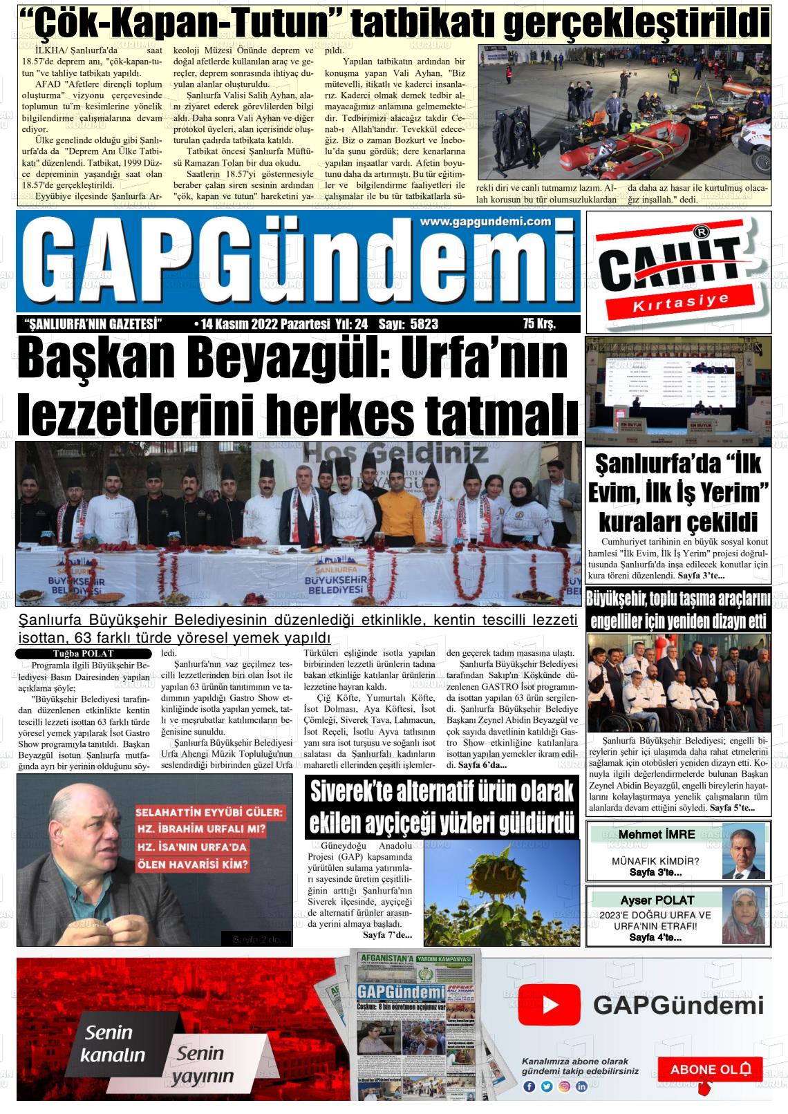 14 Kasım 2022 Gap Gündemi Gazete Manşeti