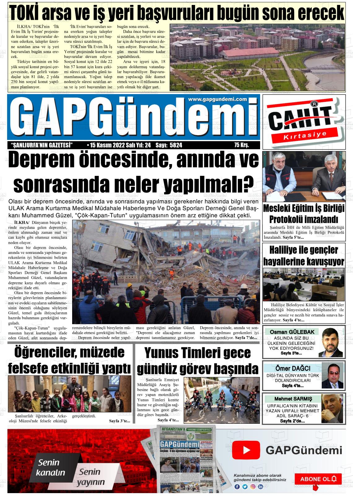 15 Kasım 2022 Gap Gündemi Gazete Manşeti