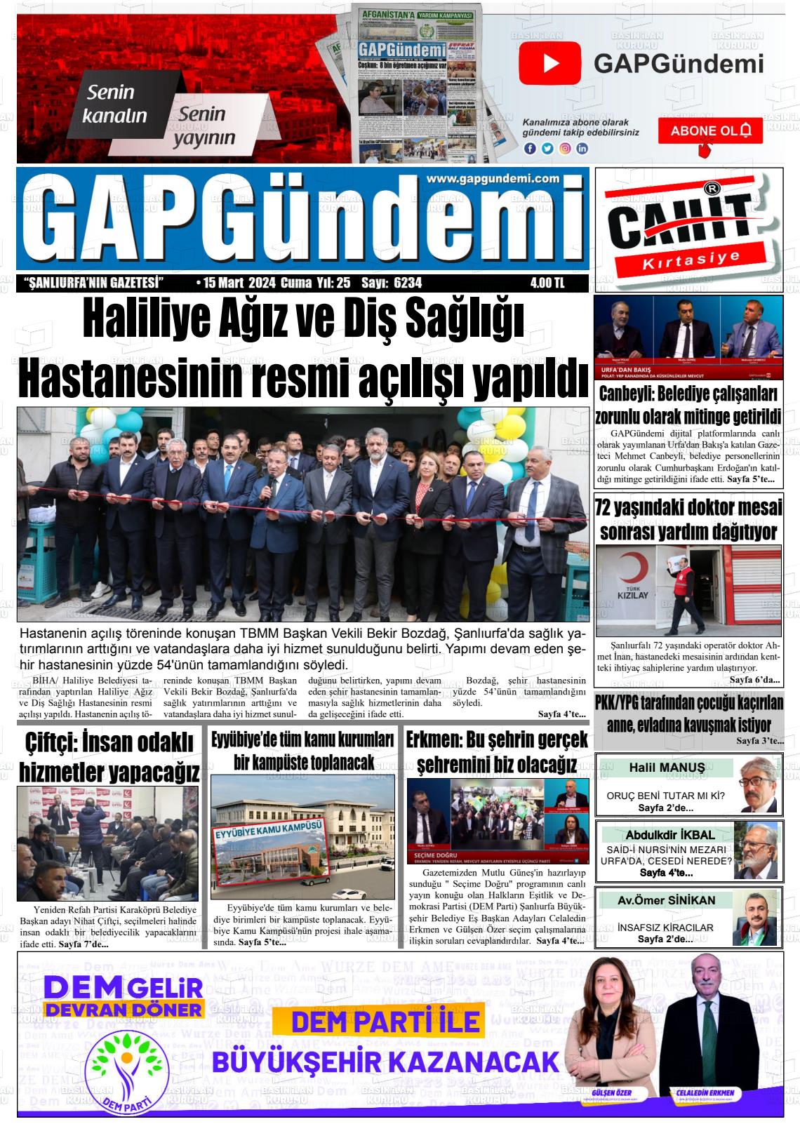 15 Mart 2024 Gap Gündemi Gazete Manşeti