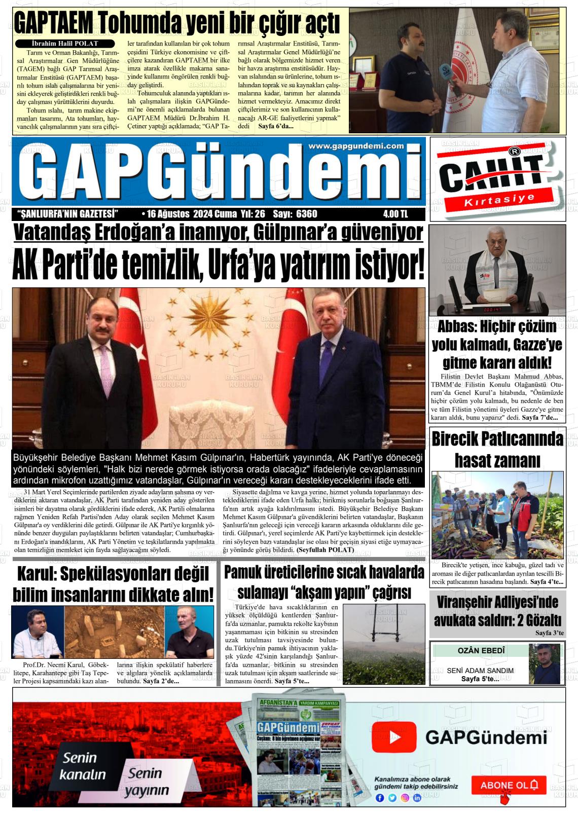 16 Ağustos 2024 Gap Gündemi Gazete Manşeti