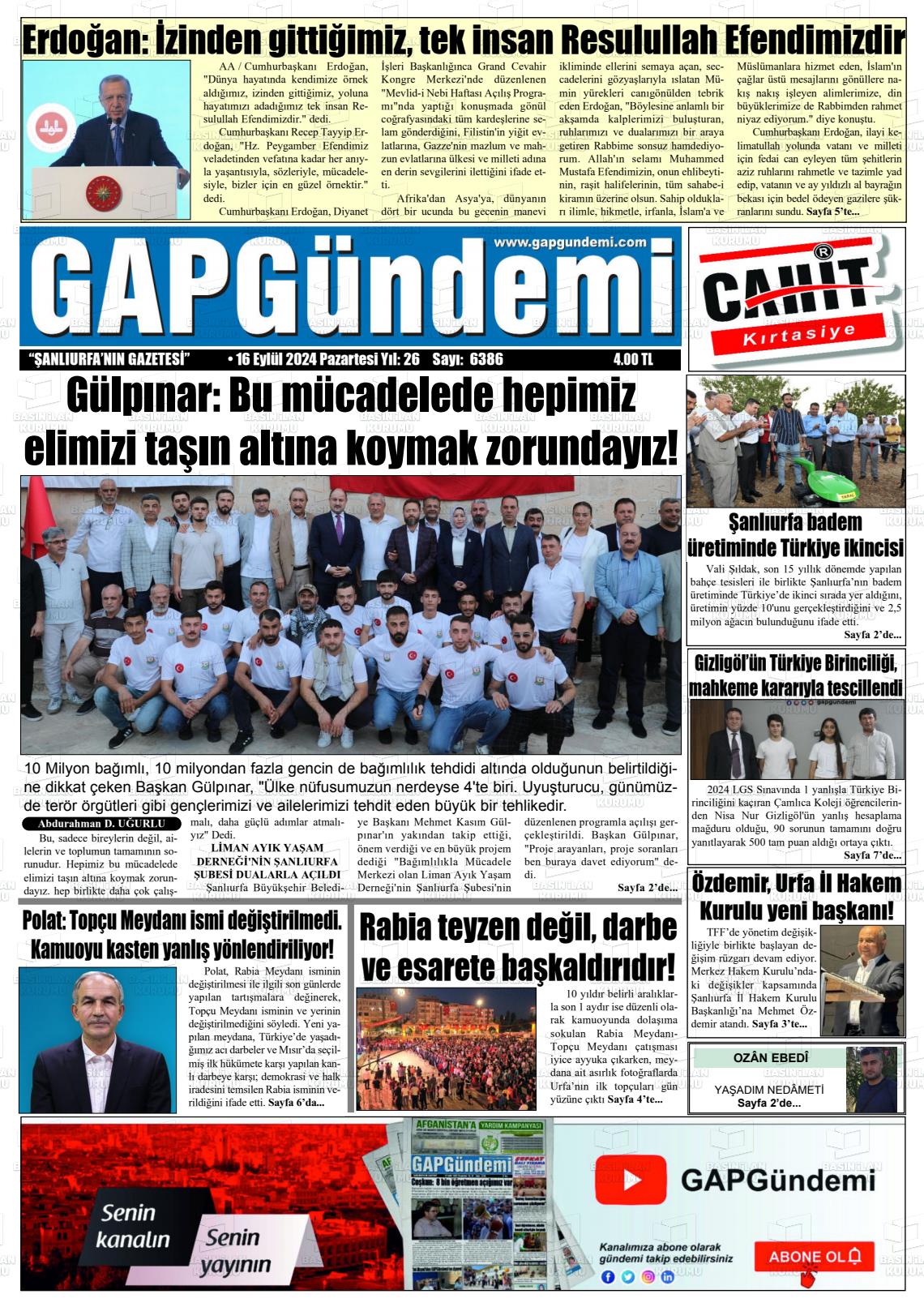 16 Eylül 2024 Gap Gündemi Gazete Manşeti