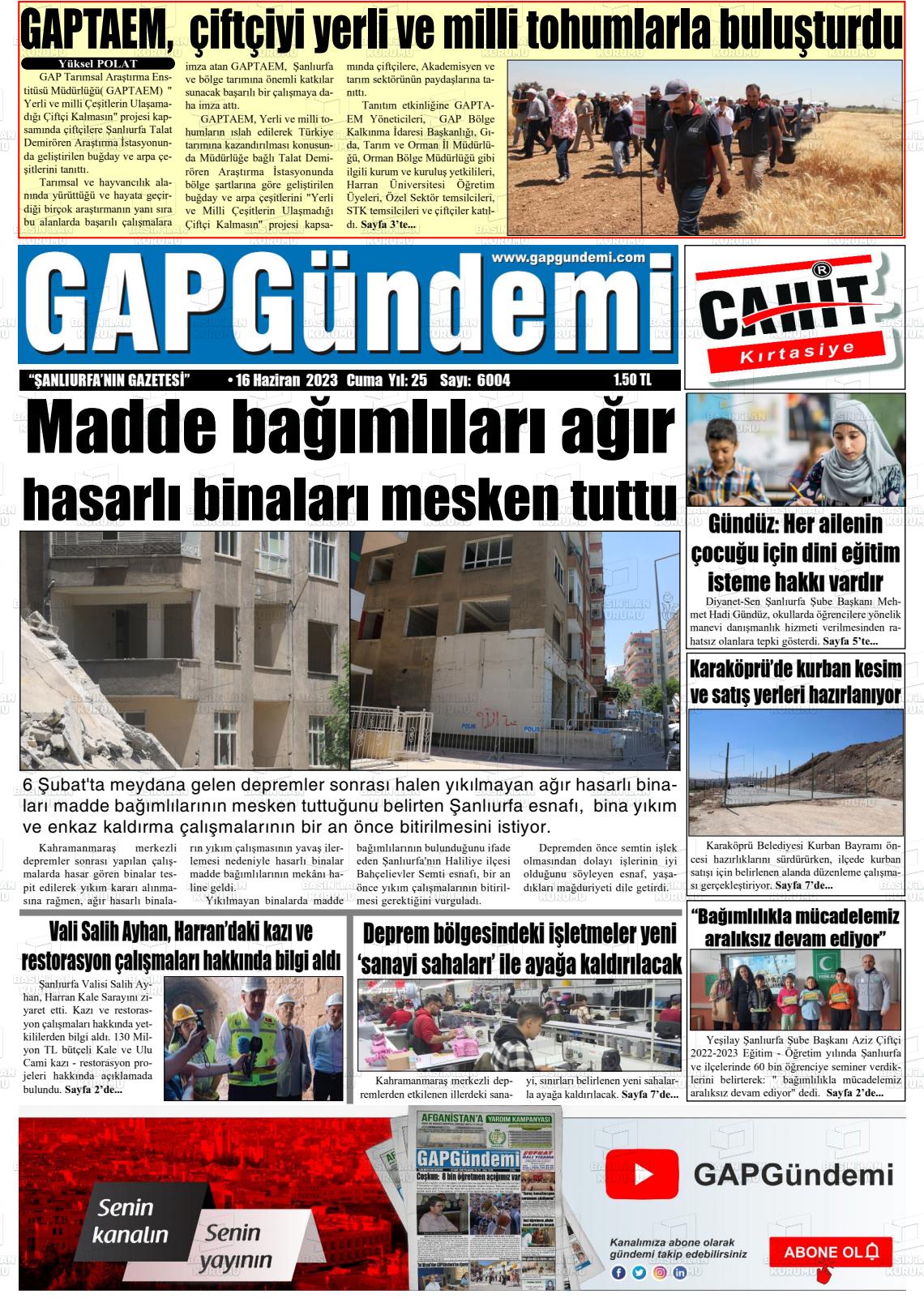 16 Haziran 2023 Gap Gündemi Gazete Manşeti