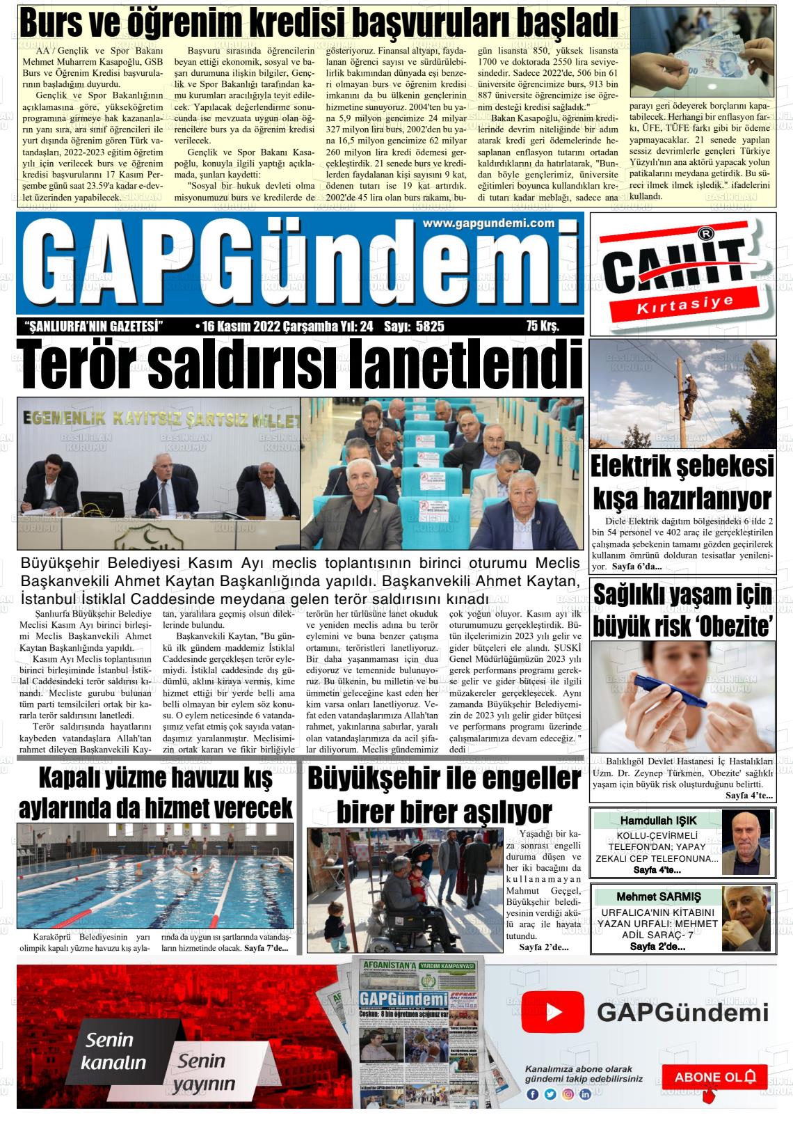 16 Kasım 2022 Gap Gündemi Gazete Manşeti