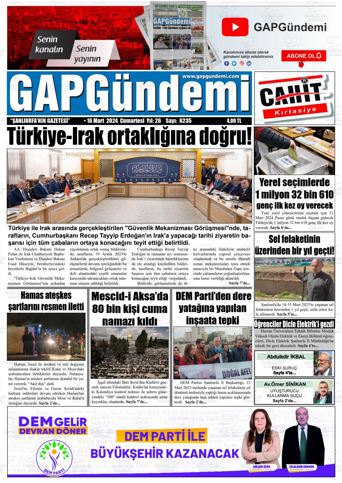 16 Mart 2024 Gap Gündemi Gazete Manşeti