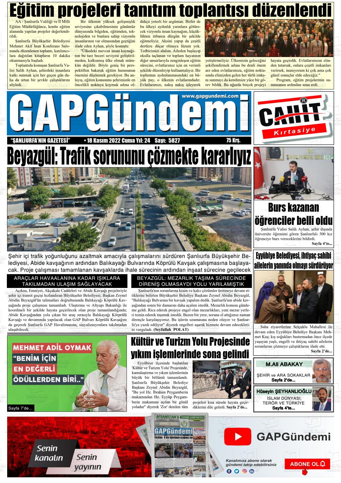 18 Kasım 2022 Gap Gündemi Gazete Manşeti