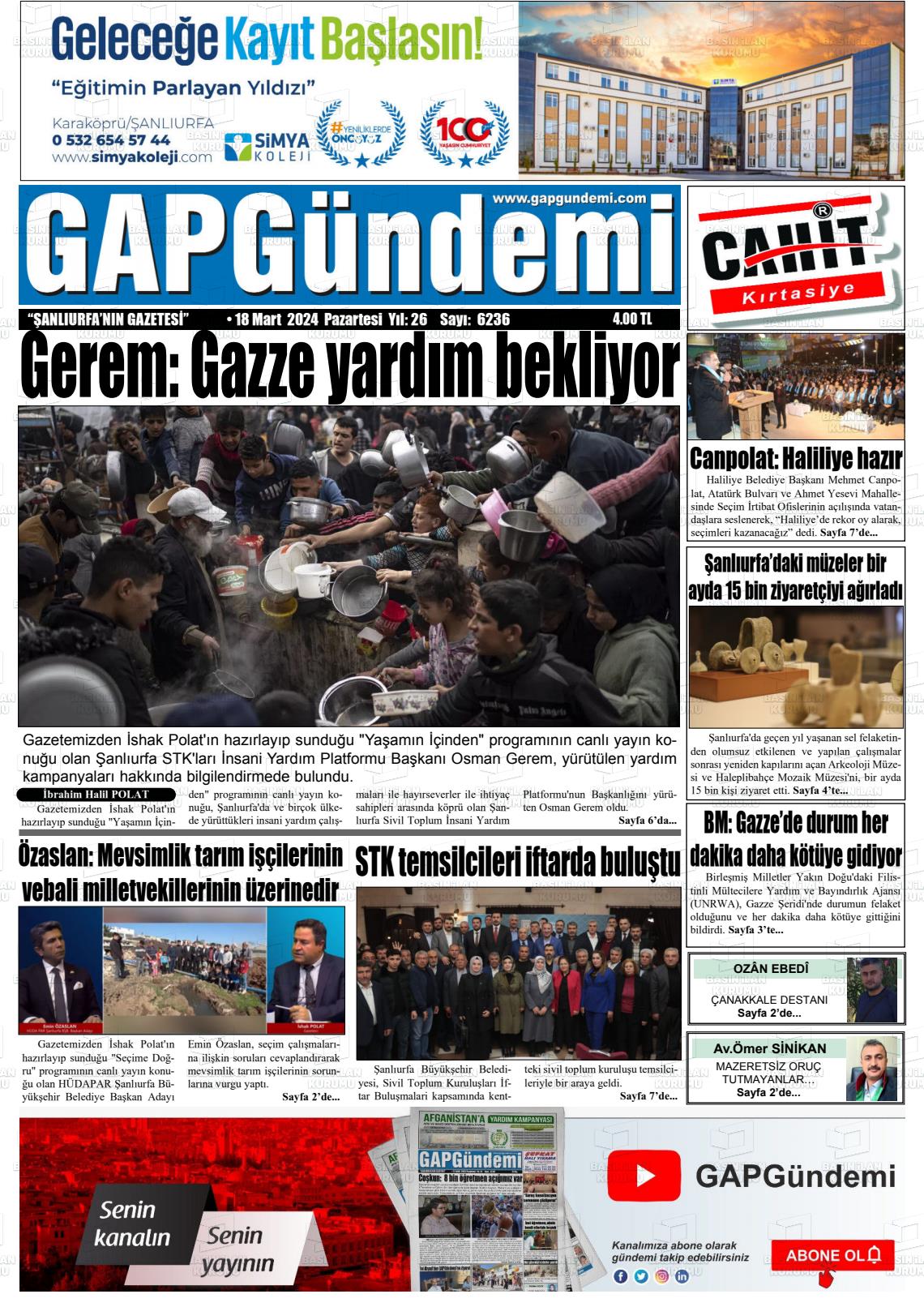 18 Mart 2024 Gap Gündemi Gazete Manşeti