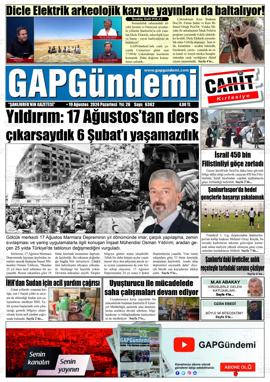 19 Ağustos 2024 Gap Gündemi Gazete Manşeti