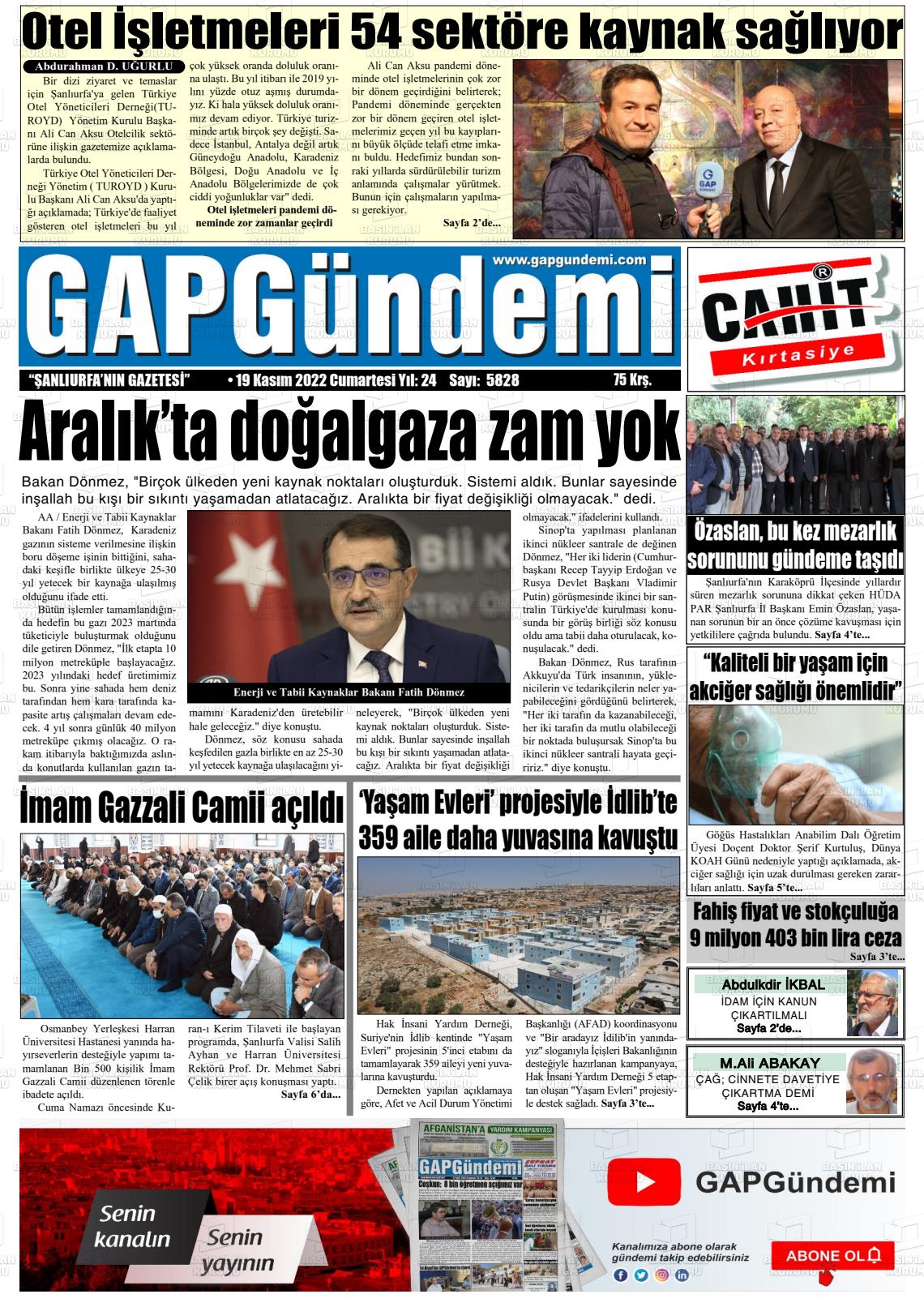 19 Kasım 2022 Gap Gündemi Gazete Manşeti