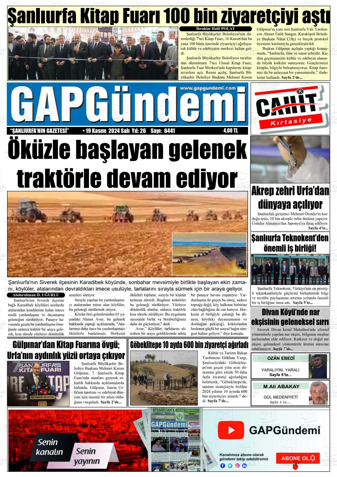 19 Kasım 2024 Gap Gündemi Gazete Manşeti