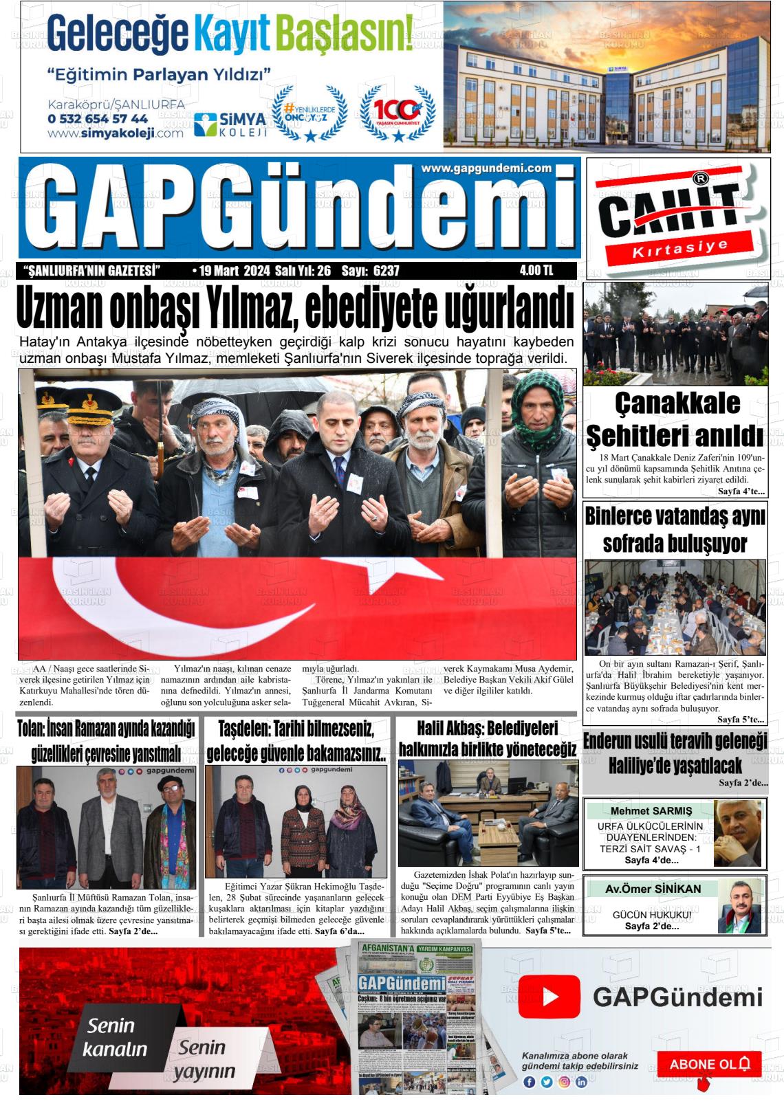 19 Mart 2024 Gap Gündemi Gazete Manşeti