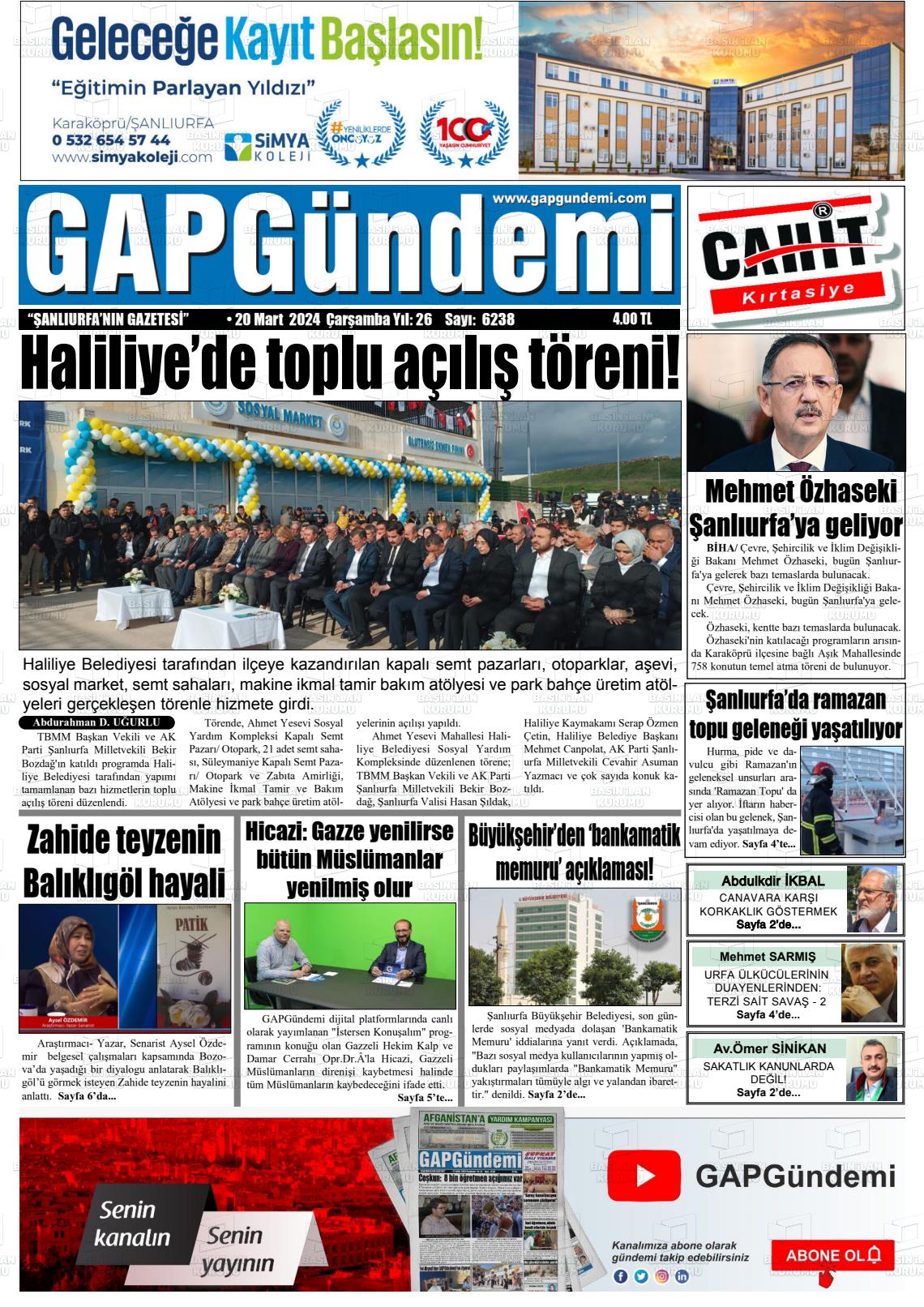 20 Mart 2024 Gap Gündemi Gazete Manşeti