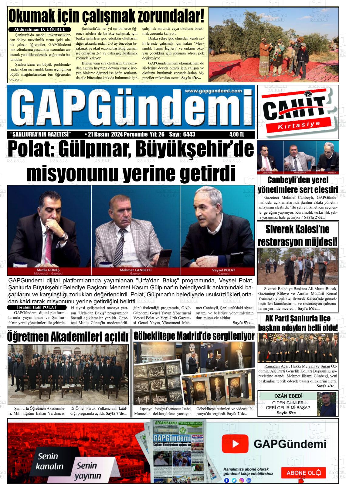 21 Kasım 2024 Gap Gündemi Gazete Manşeti